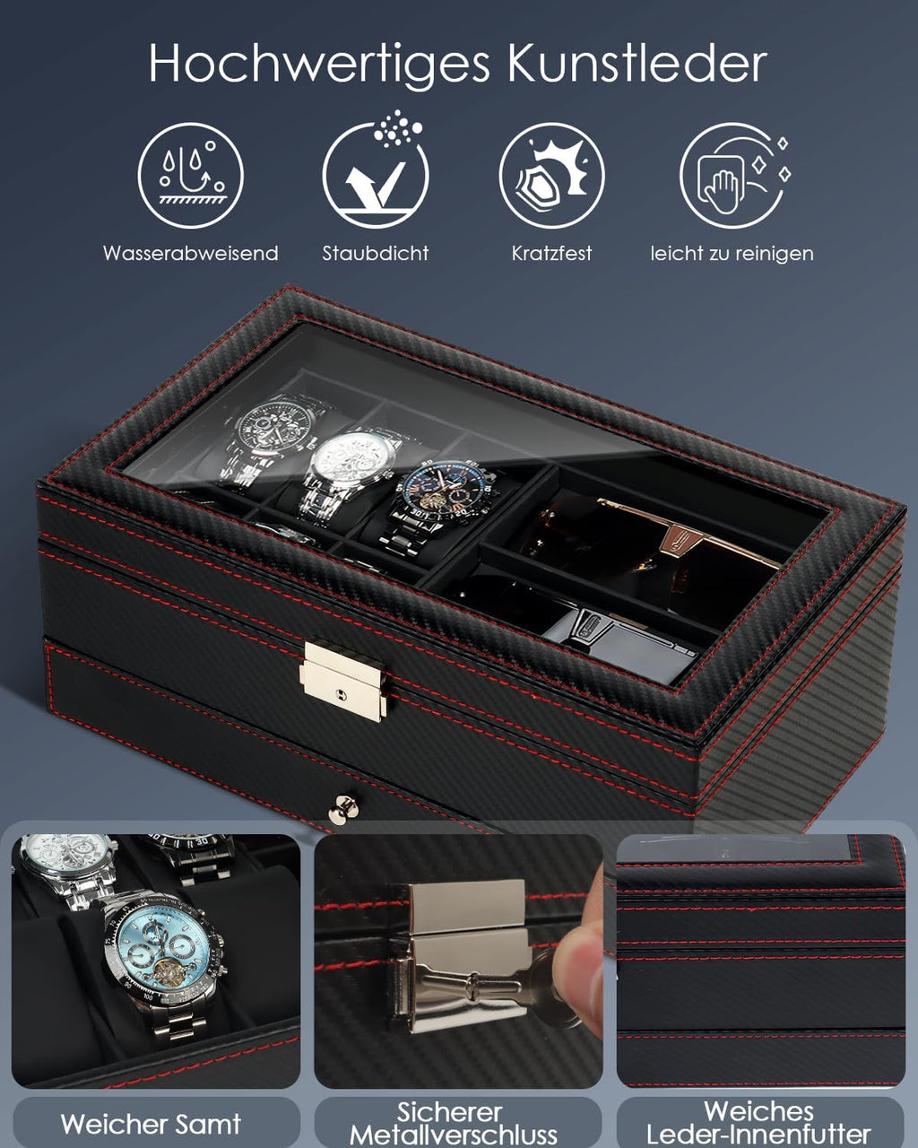 Uhren- und Sonnenbrillenbox mit Glasdeckel 6 Faecher Schmuckkasten Herren