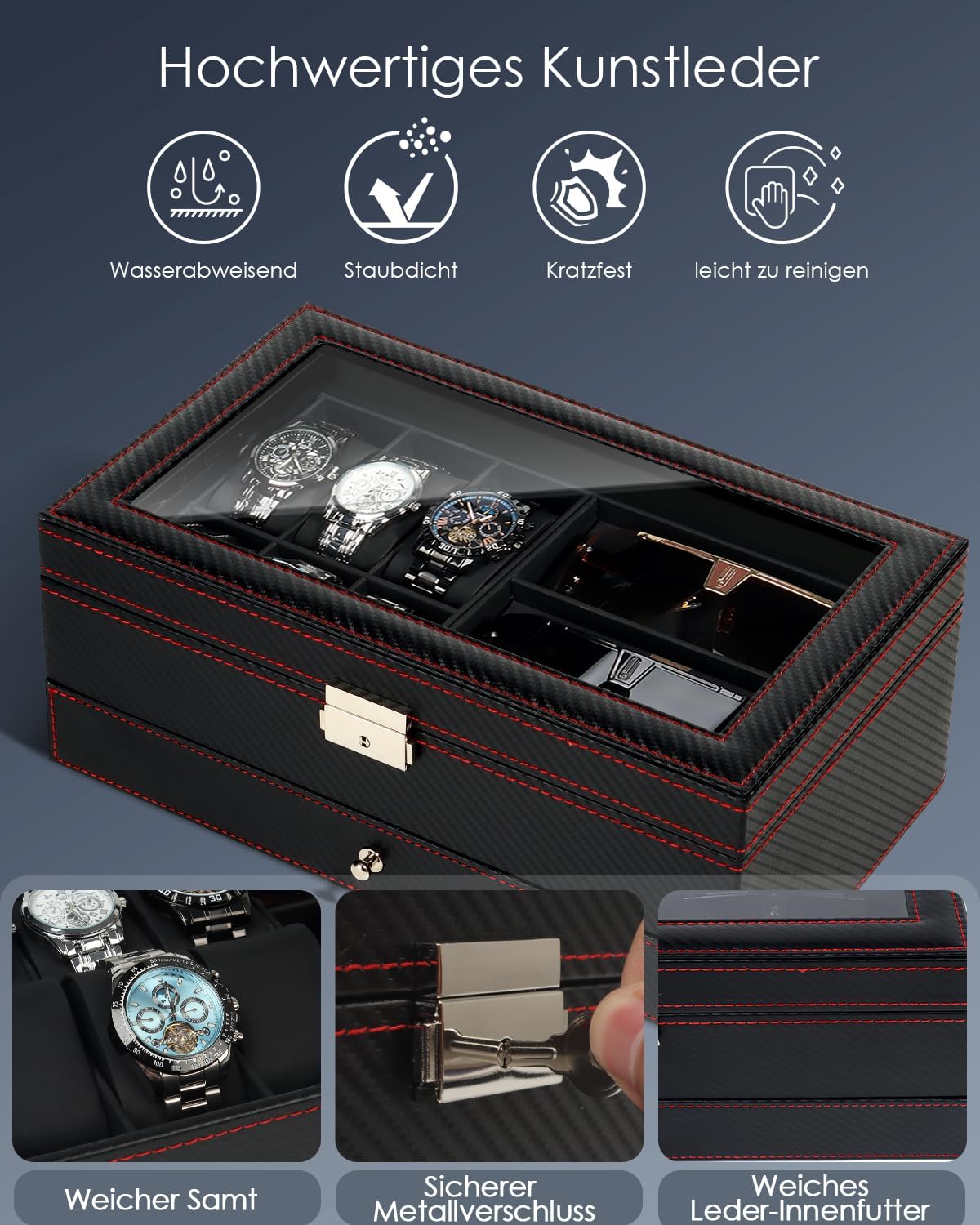 Uhren- und Sonnenbrillenbox mit Glasdeckel 6 Faecher Schmuckkasten Herren