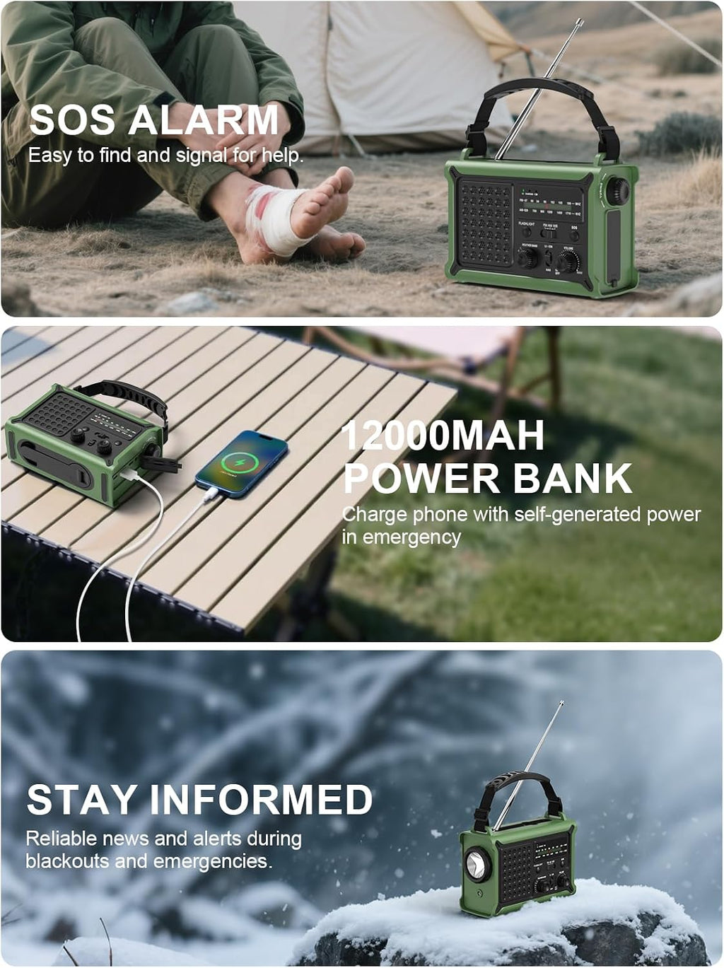 ROCAM Notfallradio 12000mAh mit Solarpanel, Kurbel, AM/FM, USB, SOS-Licht
