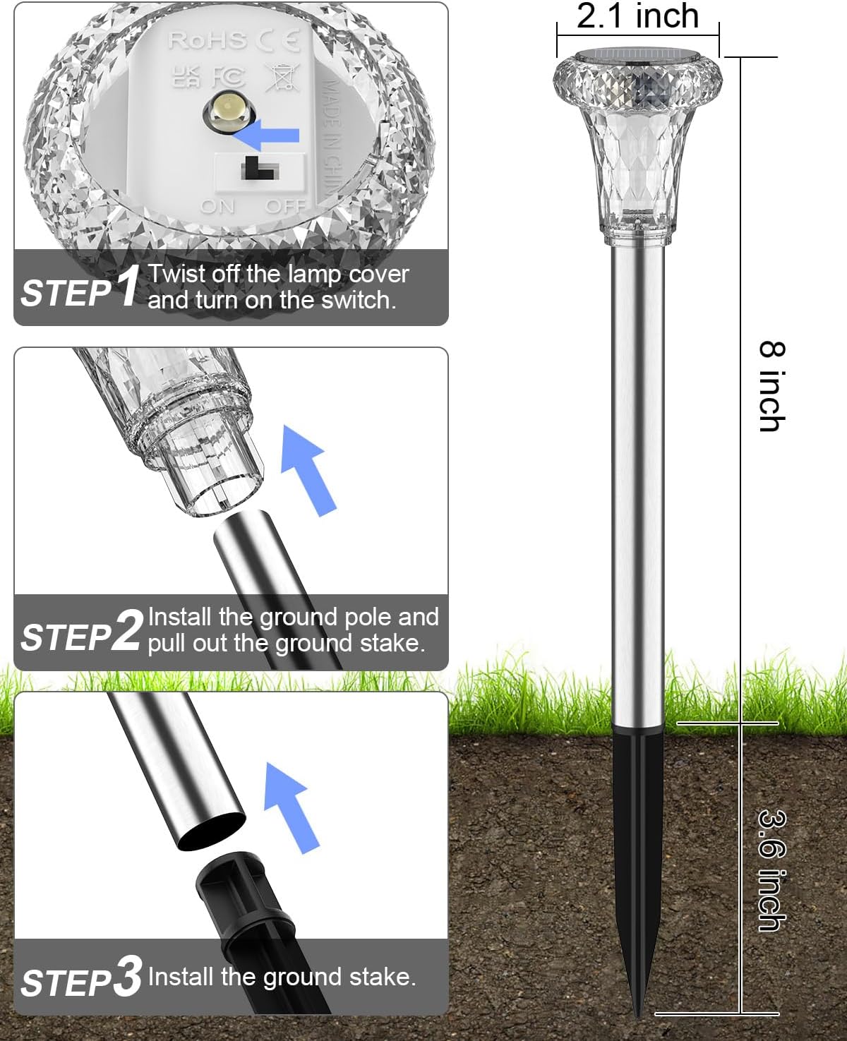 6er Set Solarleuchten Garten Edelstahl IP65 Warmweiss LED Aussen Wegleuchten