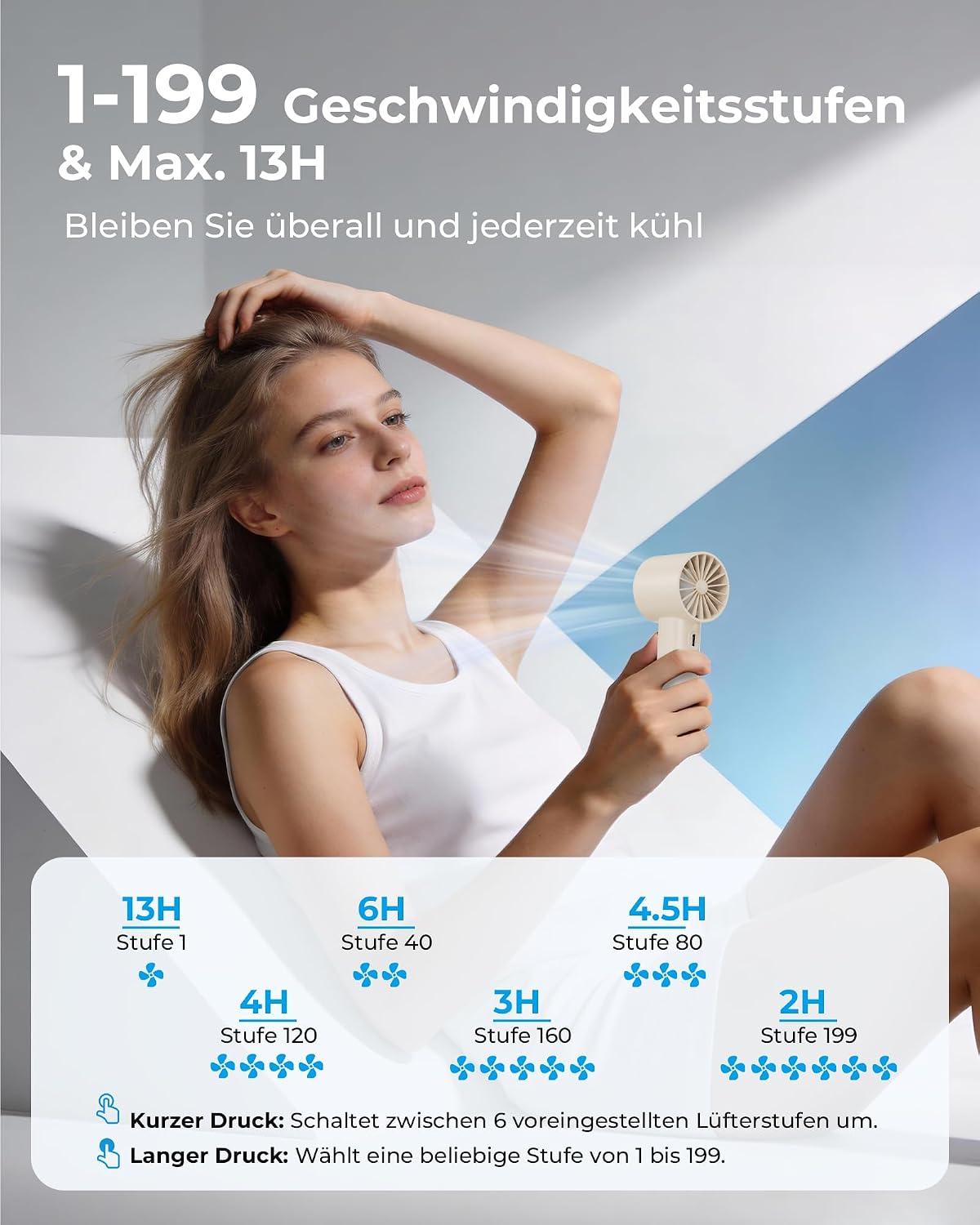 Handventilator Mini USB mit Akku, LED Display, 1-199 Stufen, bis 13 Std, Schwarz