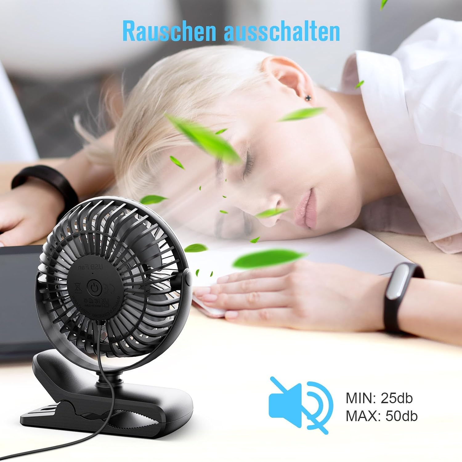 HONYIN Mini Ventilator mit Clip 720° drehbar USB 3 Stufen starke Klammer