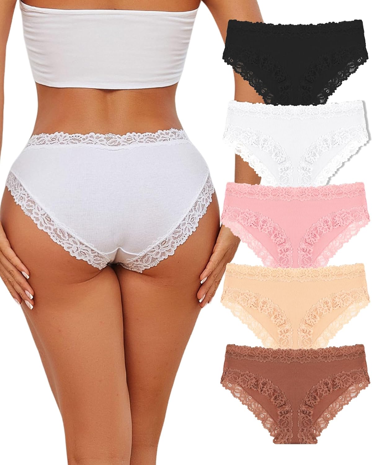 FINETOO Damen Hipster 5er Pack Baumwolle Spitze Slip Unterhose XS-3XL