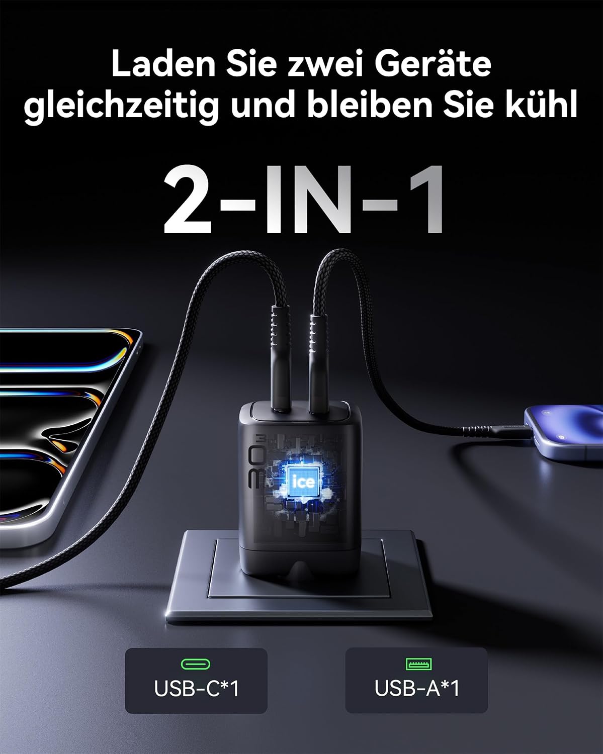 INIU 30W USB-C Netzteil 2er Set mit USB-C und USB-A Kabel, GaN Schnellladegeraet