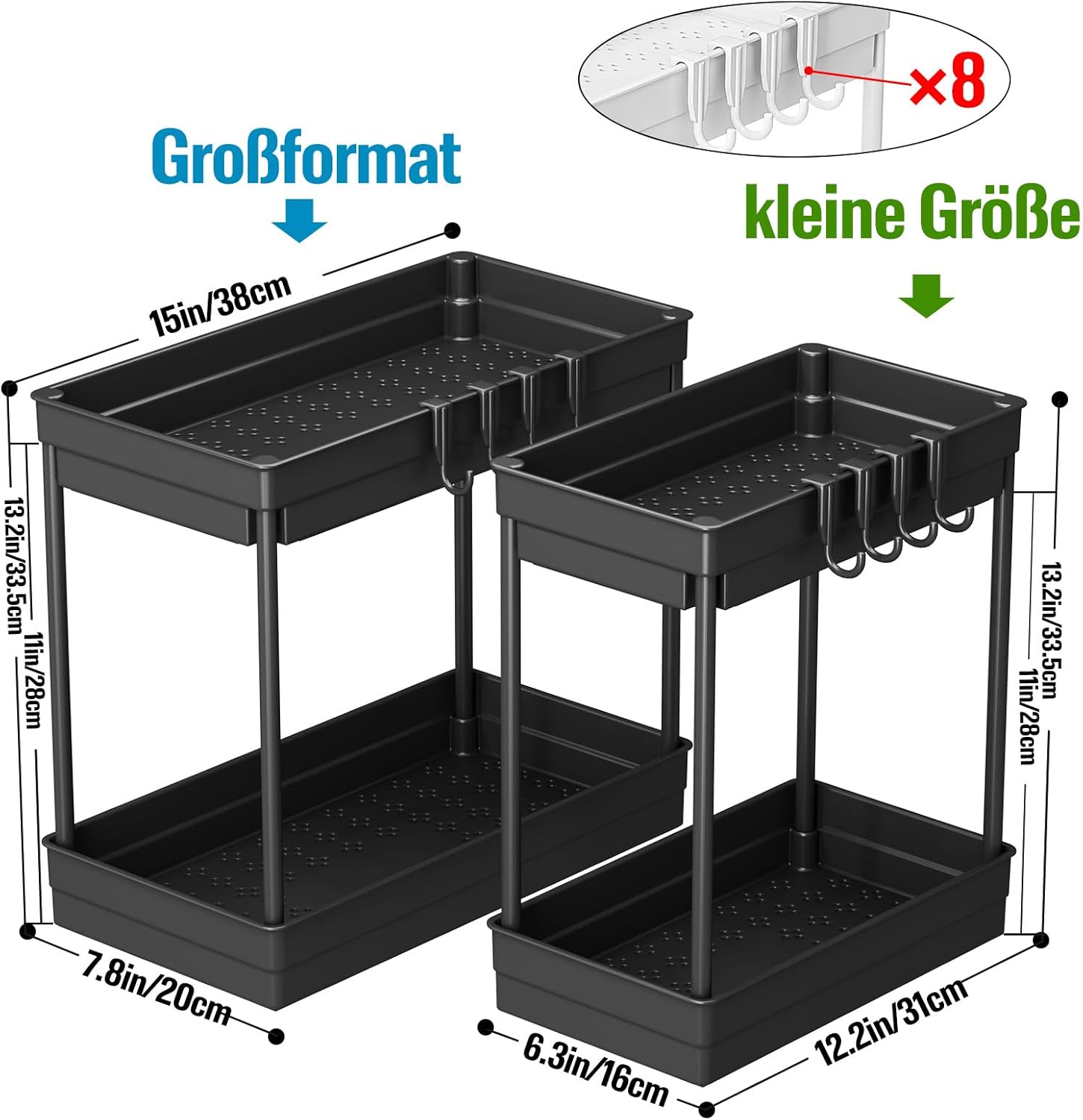 Unter-Waschbecken Organizer 2er Set Regal mit Haken fuer Kueche Bad