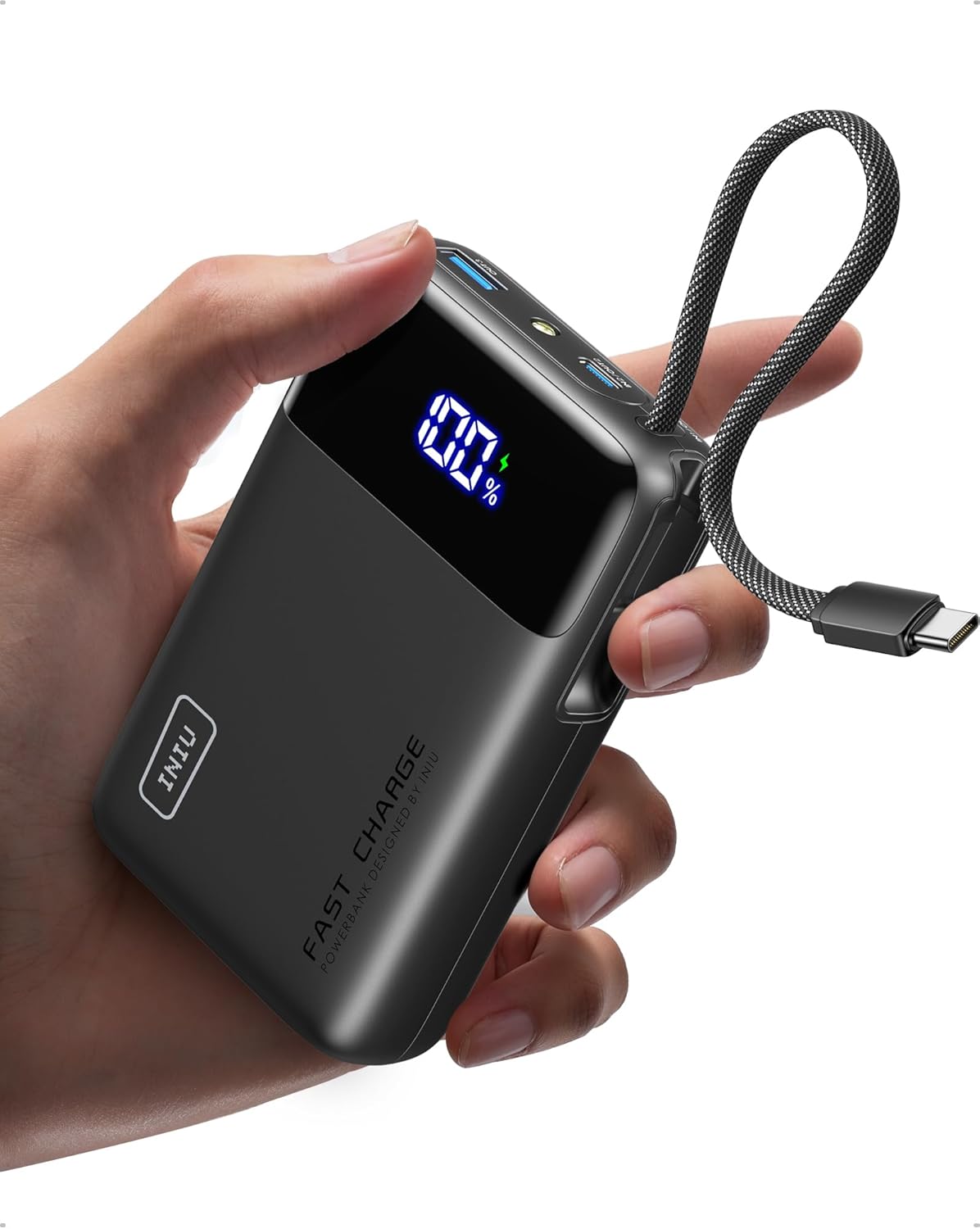 INIU 45W Power Bank 20000 mAh mit integriertem USB‑C Kabel Schnellladen
