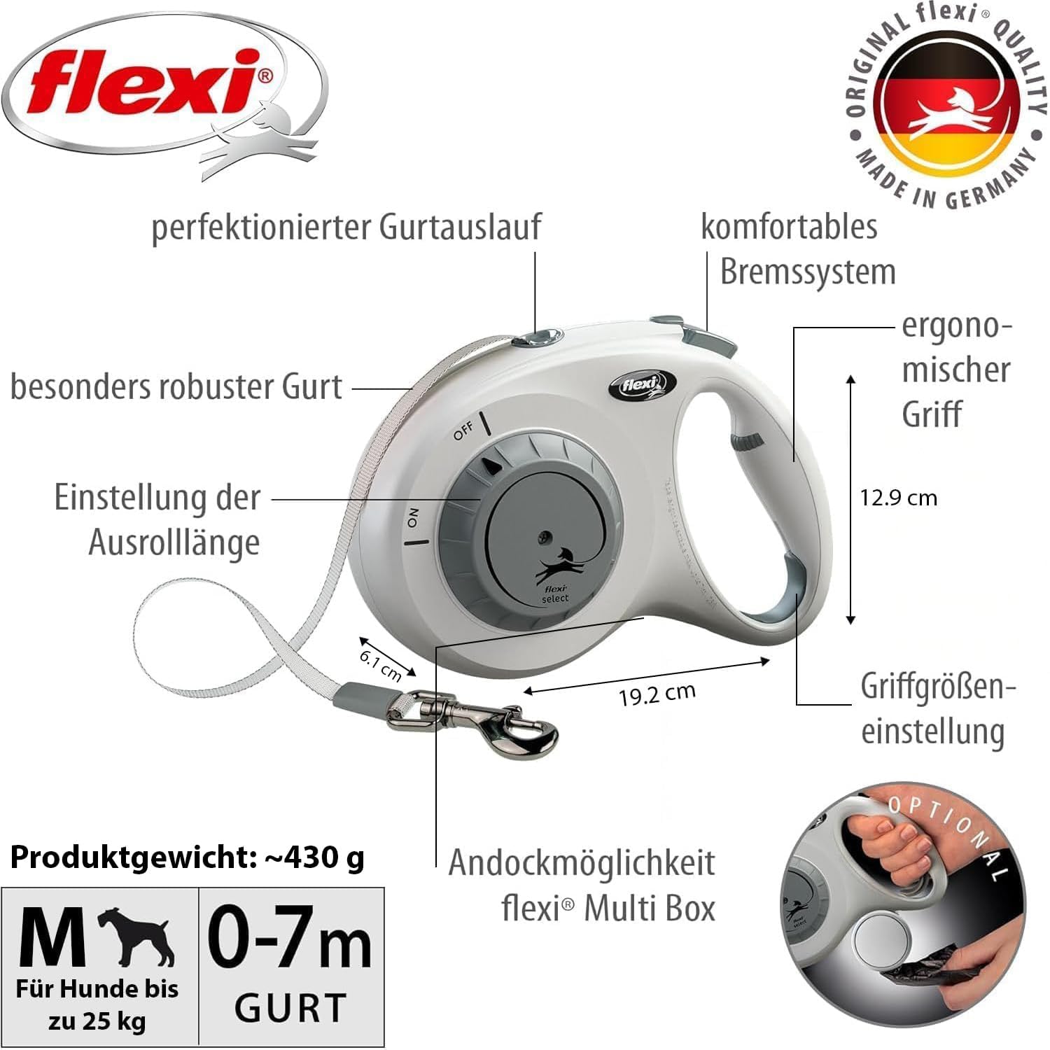 flexi Select M Roll-Leine 0-7 m, verstellbar, Gurt fuer Hunde bis, grau
