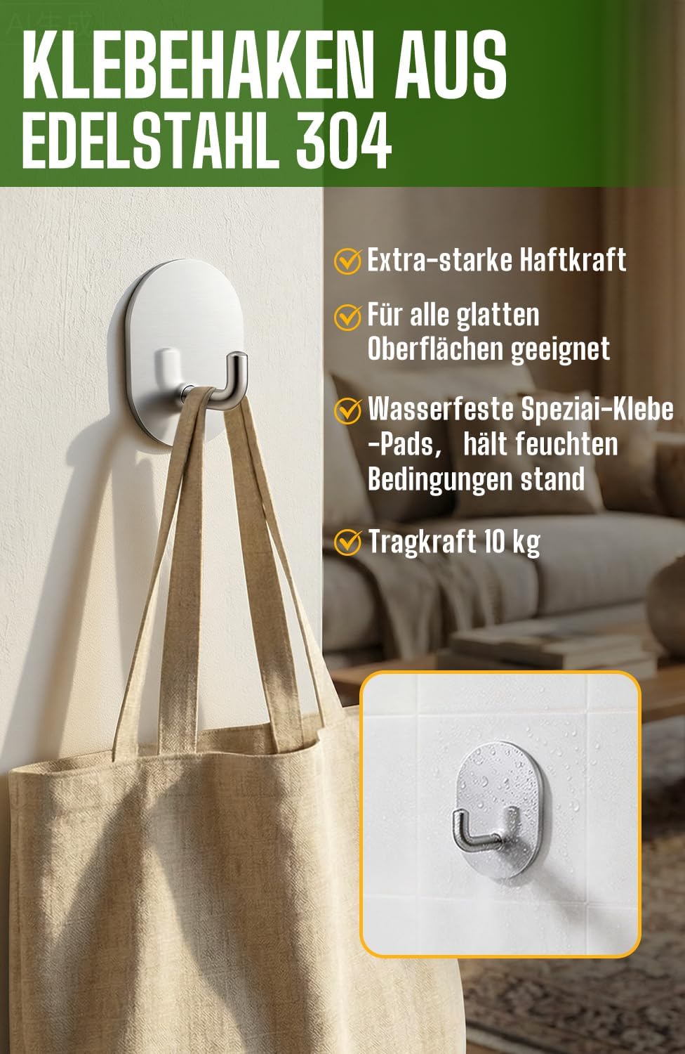 Handtuchhaken 6er Set Edelstahl schwarz selbstklebend fuer Bad Kueche