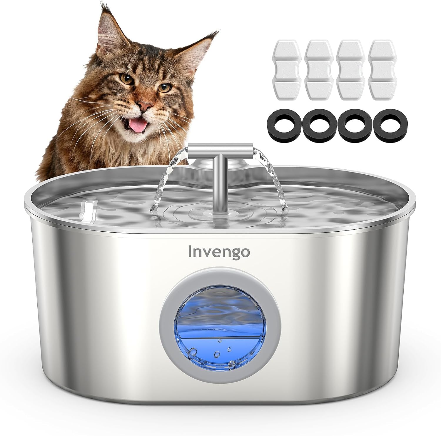 Invengo Katzenbrunnen Edelstahl leiser Trinkbrunnen mit Wasserstandsanzeig