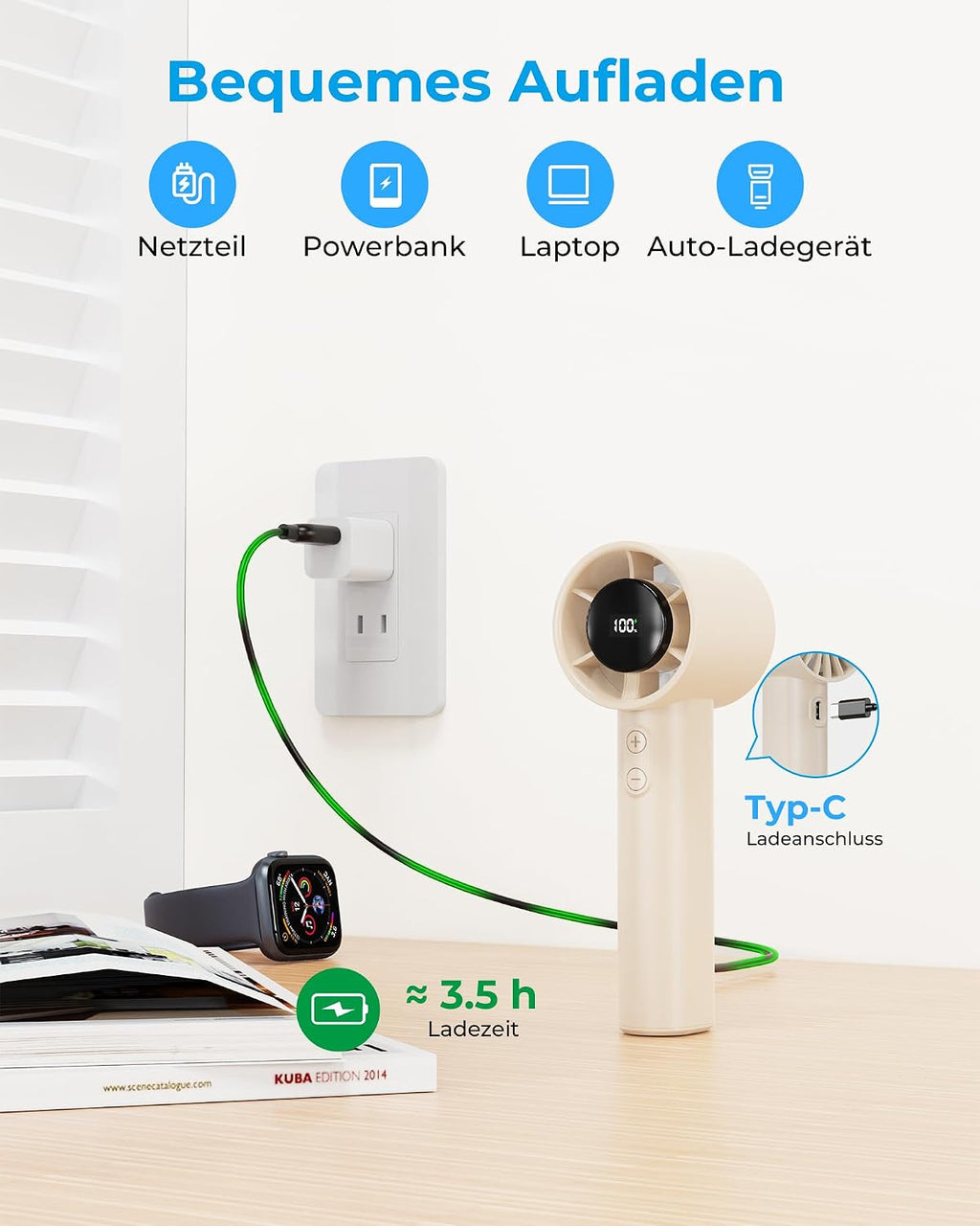 Handventilator Mini USB mit Akku, LED Display, 1-199 Stufen, bis 13 Std, Schwarz