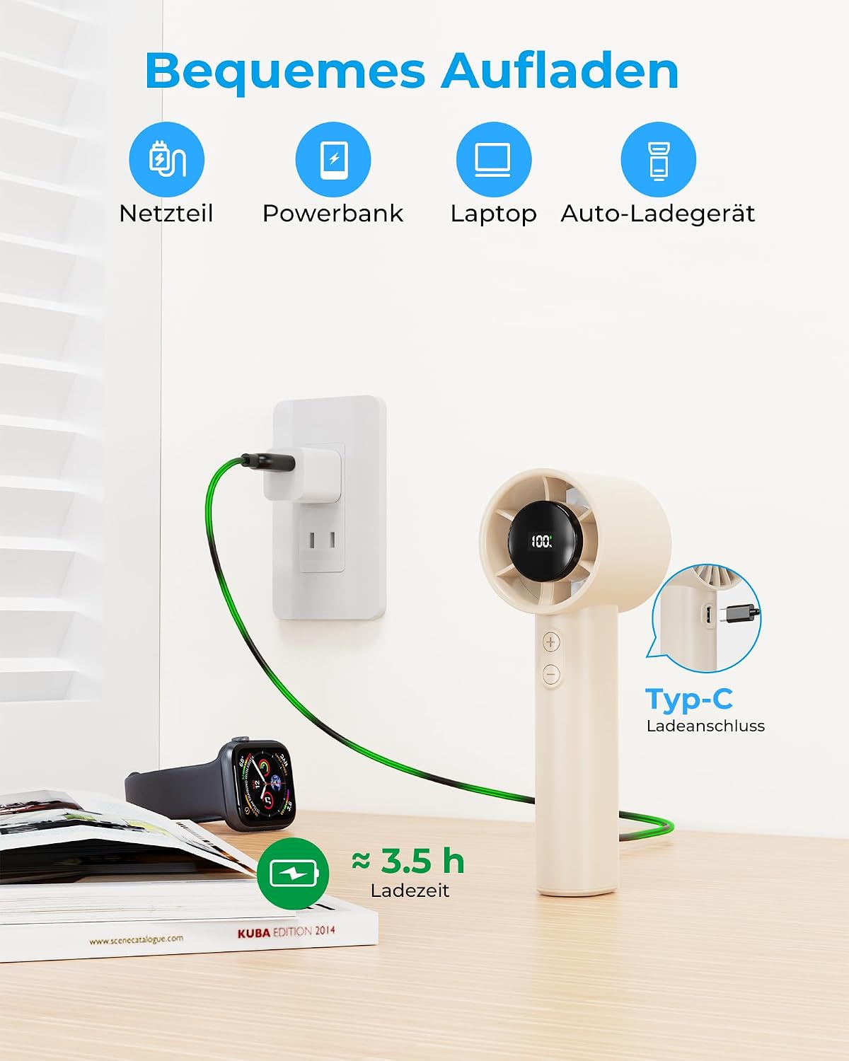 Handventilator Mini USB mit Akku, LED Display, 1-199 Stufen, bis 13 Std, Schwarz