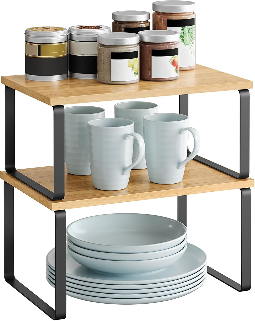 Gewuerzregal 2er Set stapelbar Metall Holz schwarz 29,7cm-39,7cm Kuechen Organizer