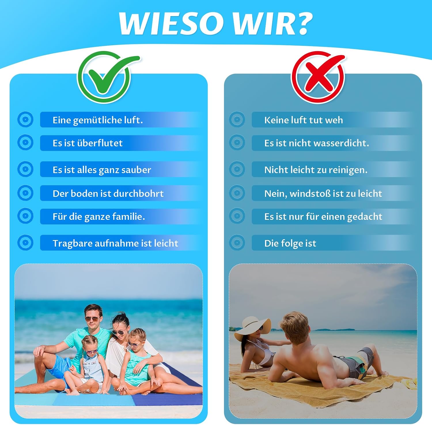 Sandfreie Stranddecke 210x200 cm wasserdicht ultraleicht XXL mit Tragetasche