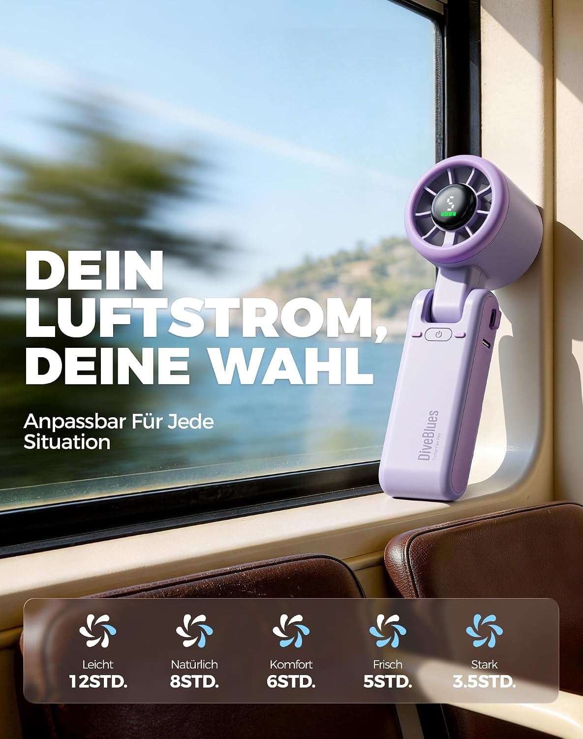 Diveblues Tragbarer Turbo Handventilator 9m/s 5 Stufen Akku 3‑in‑1 Hals Tisch