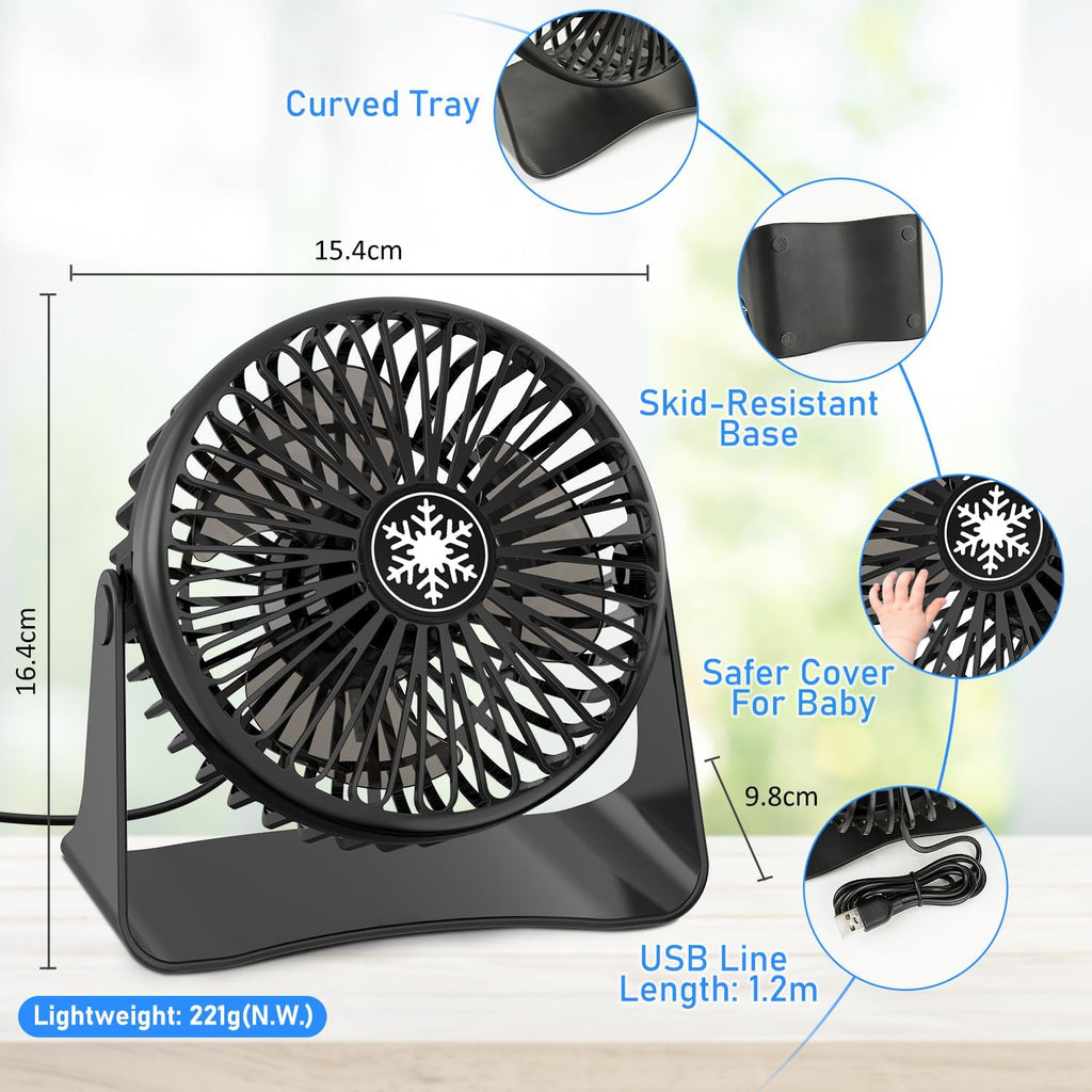 JATEKA Mini USB Tischventilator 3 Stufen 360° schwenkbar leise schwarz
