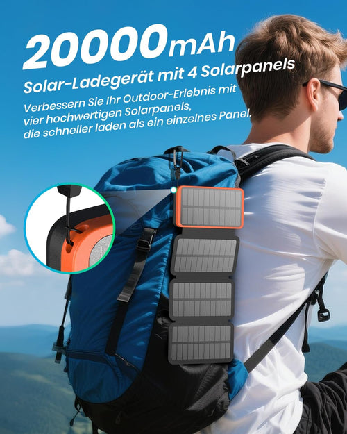 ADDTOP Solar Powerbank 20000 mAh 22,5W USB-C PD + 2x USB-A, 4 Solarpanels