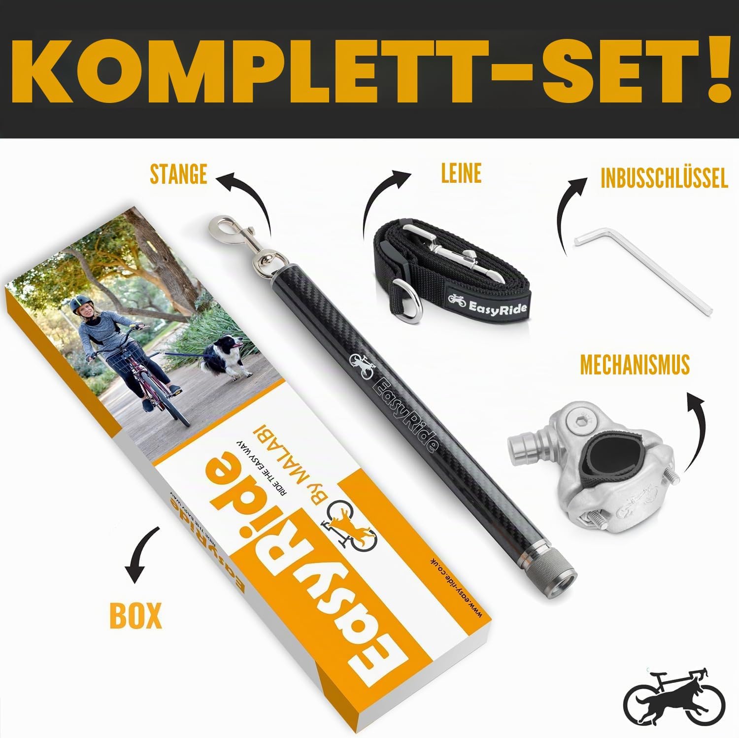 Hunde Fahrrad-Leine mit 180° Drehgelenk und Stossdaempfer, Schwarz