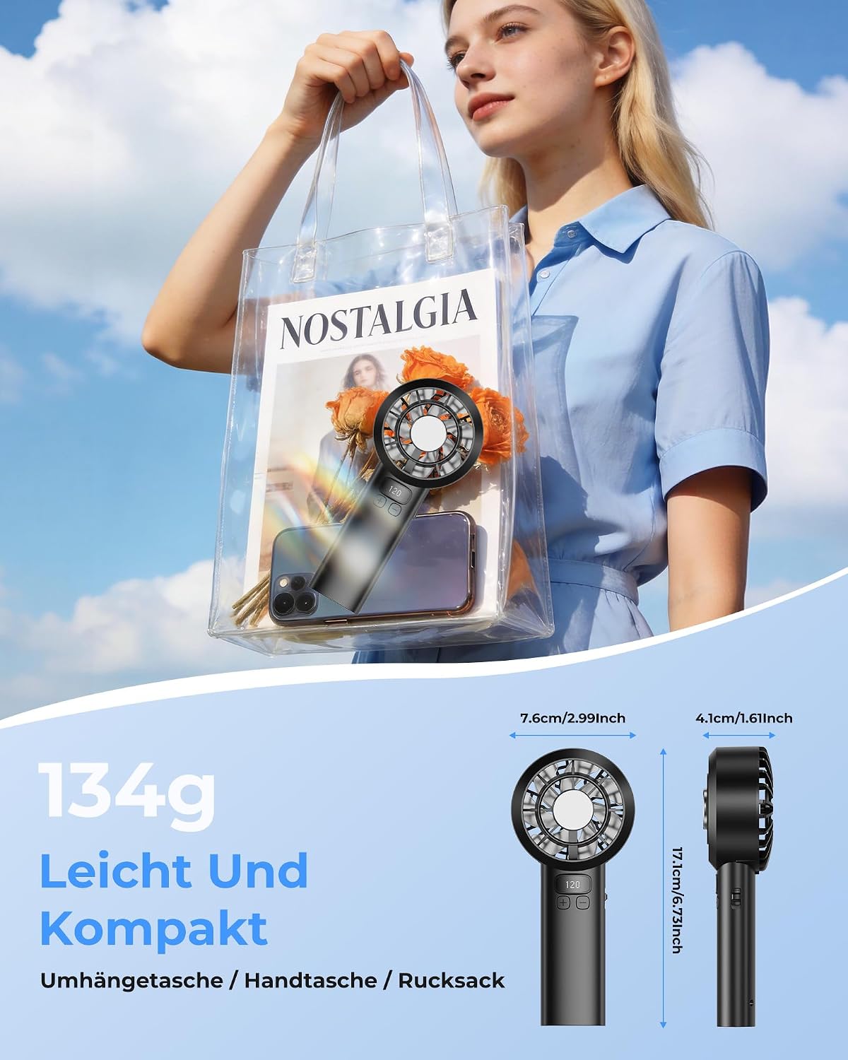 Handventilator 3000 mAh USB Tragbar 120 Stufen LED-Display Sicherheitsverriegelu