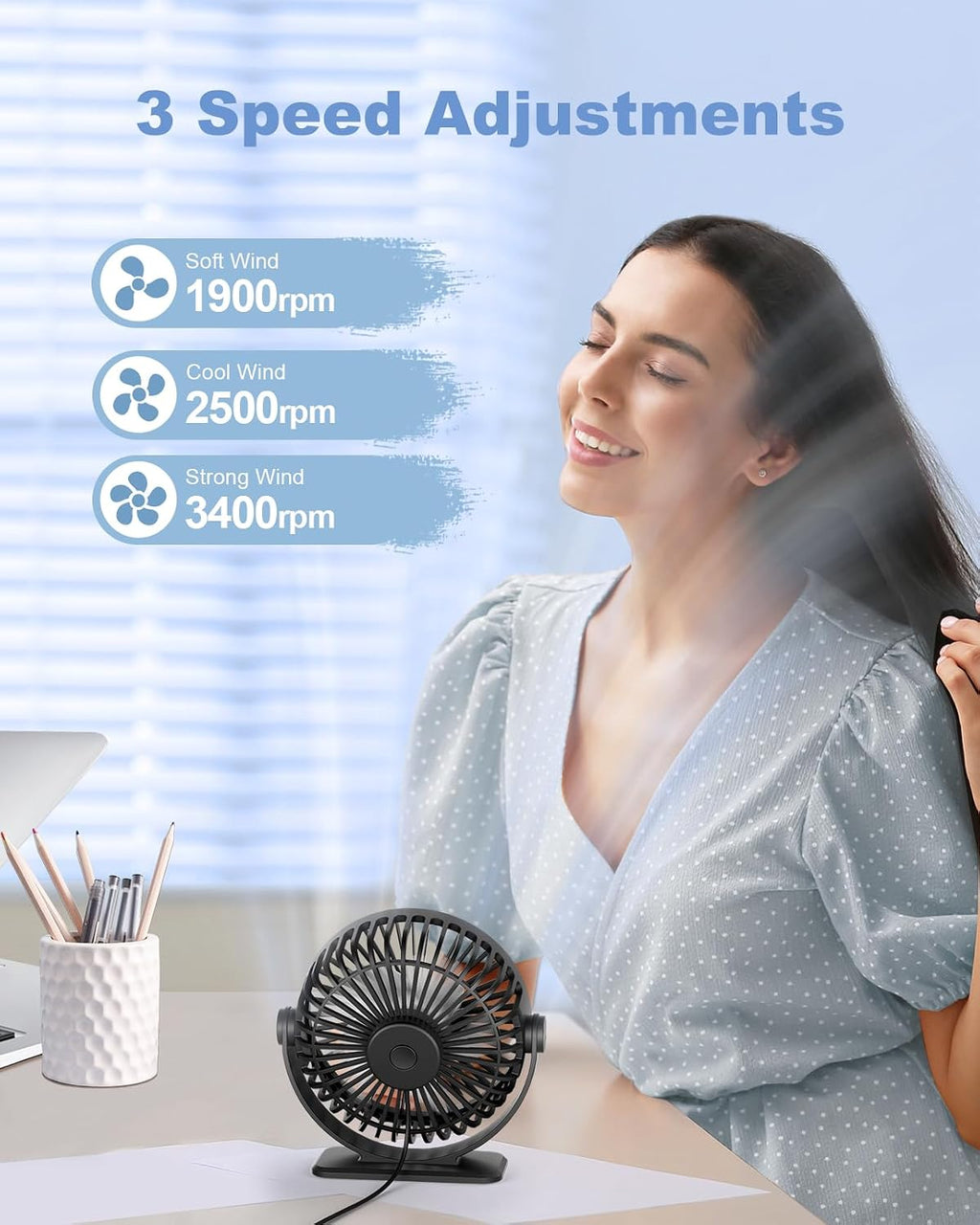 TriPole Mini Tischventilator USB 3 Geschwindigkeiten 360° Neigung leise