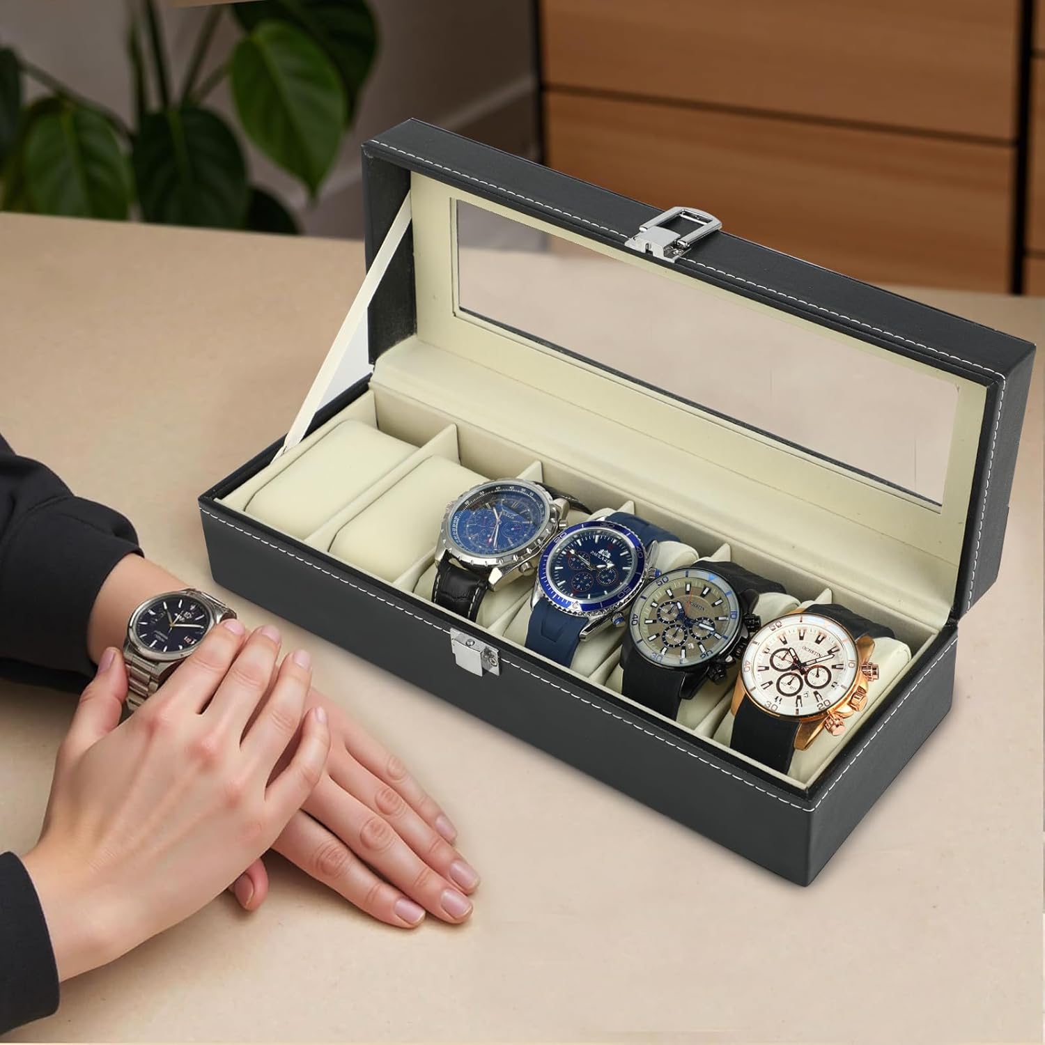 Uhrenbox 6 Faecher mit Glasdeckel und abnehmbaren Kissen Uhrenkasten