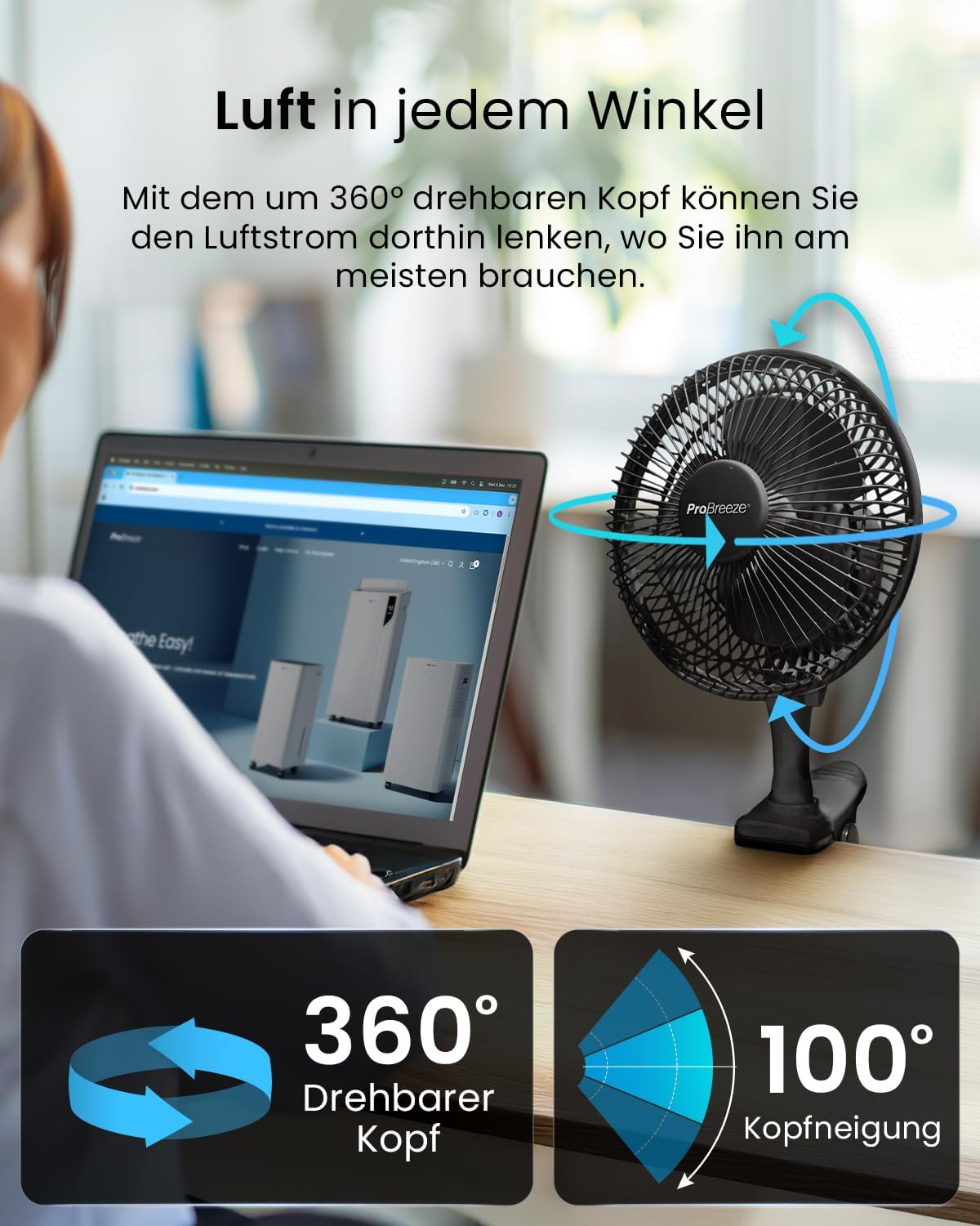 Pro Breeze Tischventilator 20 cm mit Clip, 2 Geschwindigkeiten, leise