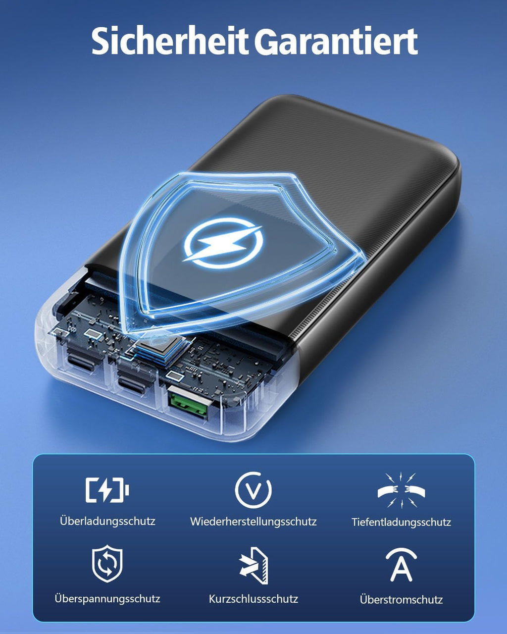Powerbank 26800 mAh 22,5W USB-C Schnellladung 3 Anschluesse 2 Kabel Schwarz