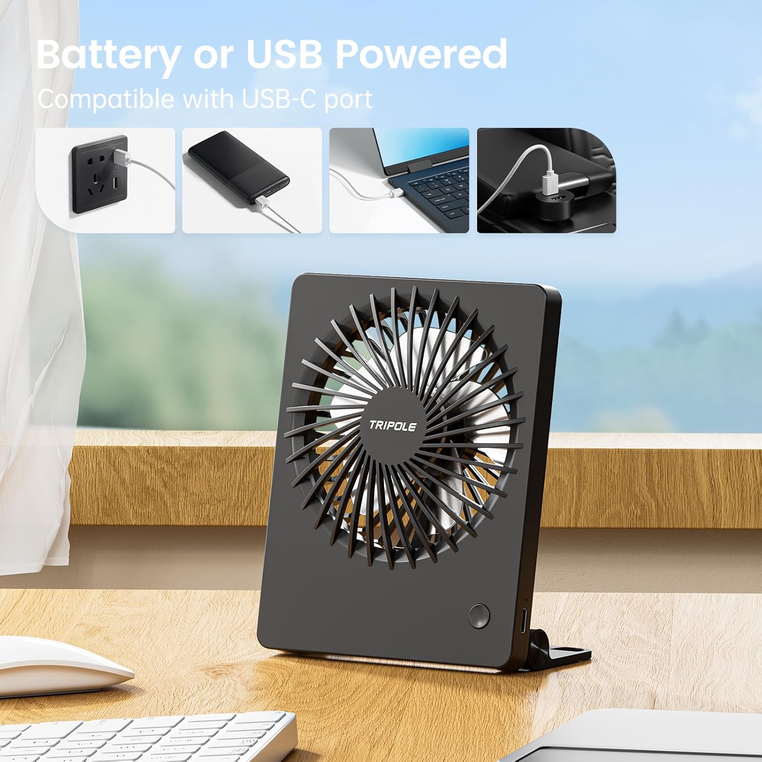 TriPole Tischventilator wiederaufladbar 180° neigbar 3 Stufen USB klein