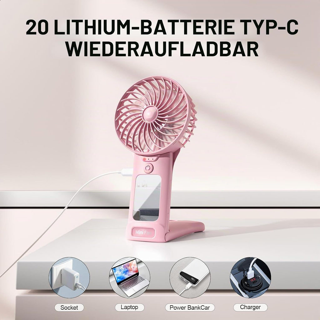 Handventilator USB wiederaufladbar 2000mAh 4 Stufen leiser Mini mit Spiegel
