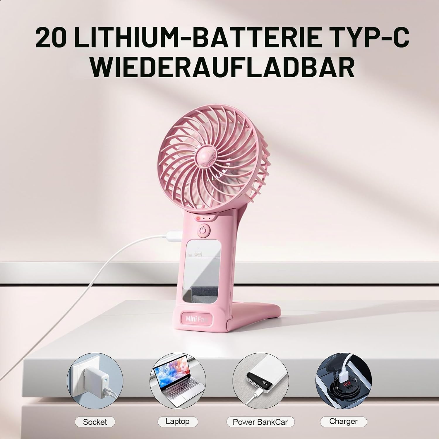 Handventilator USB wiederaufladbar 2000mAh 4 Stufen leiser Mini mit Spiegel
