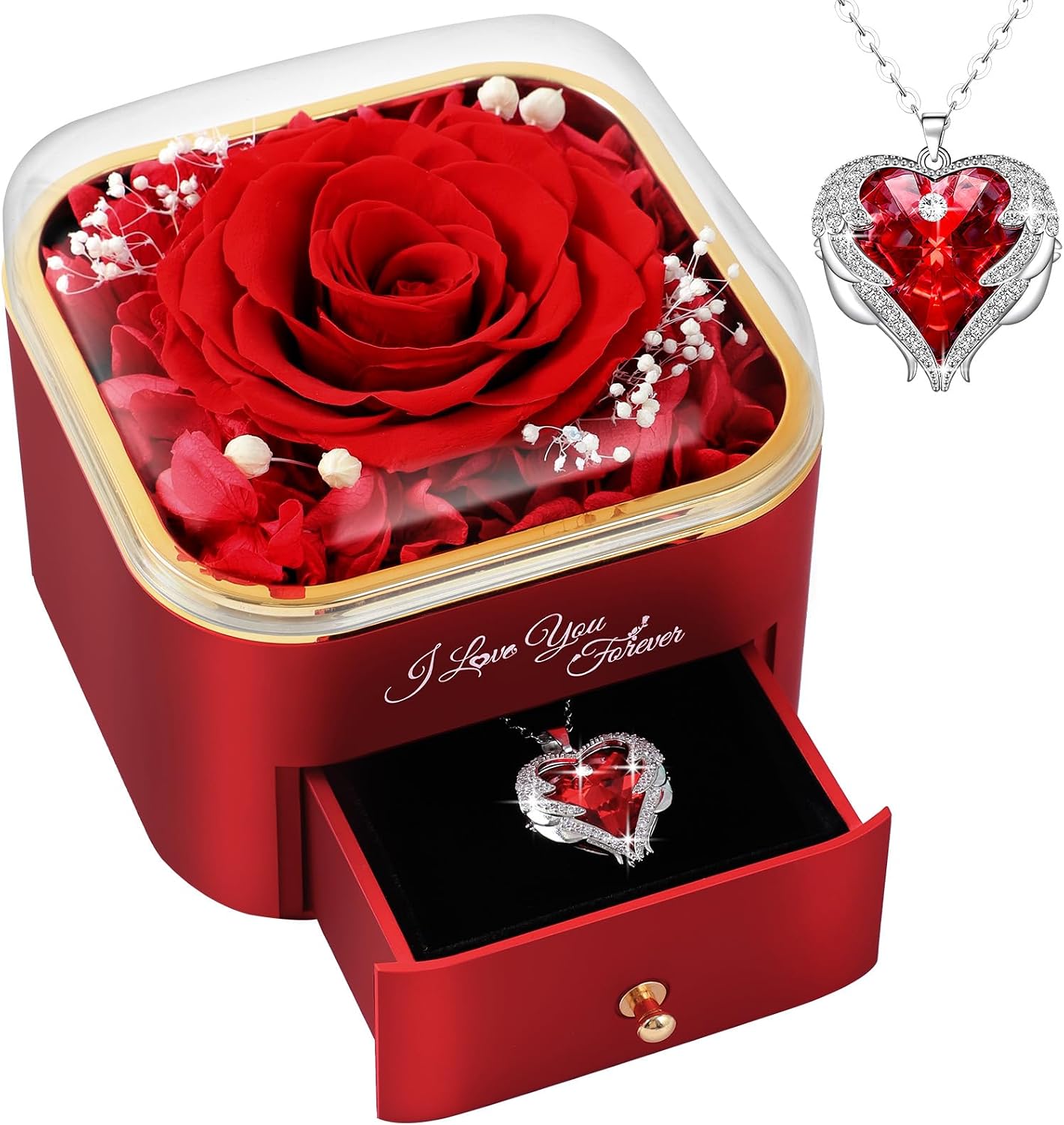 Echte konservierte Rose mit Halskette Geschenk fuer Frauen - Ewige Blume