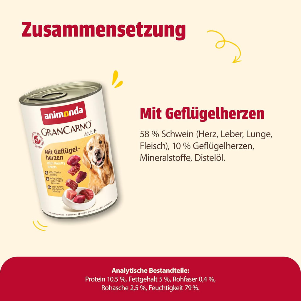animonda GranCarno Adult Gefluegelherzen 6x400g Hunde Nassfutter getreidefrei