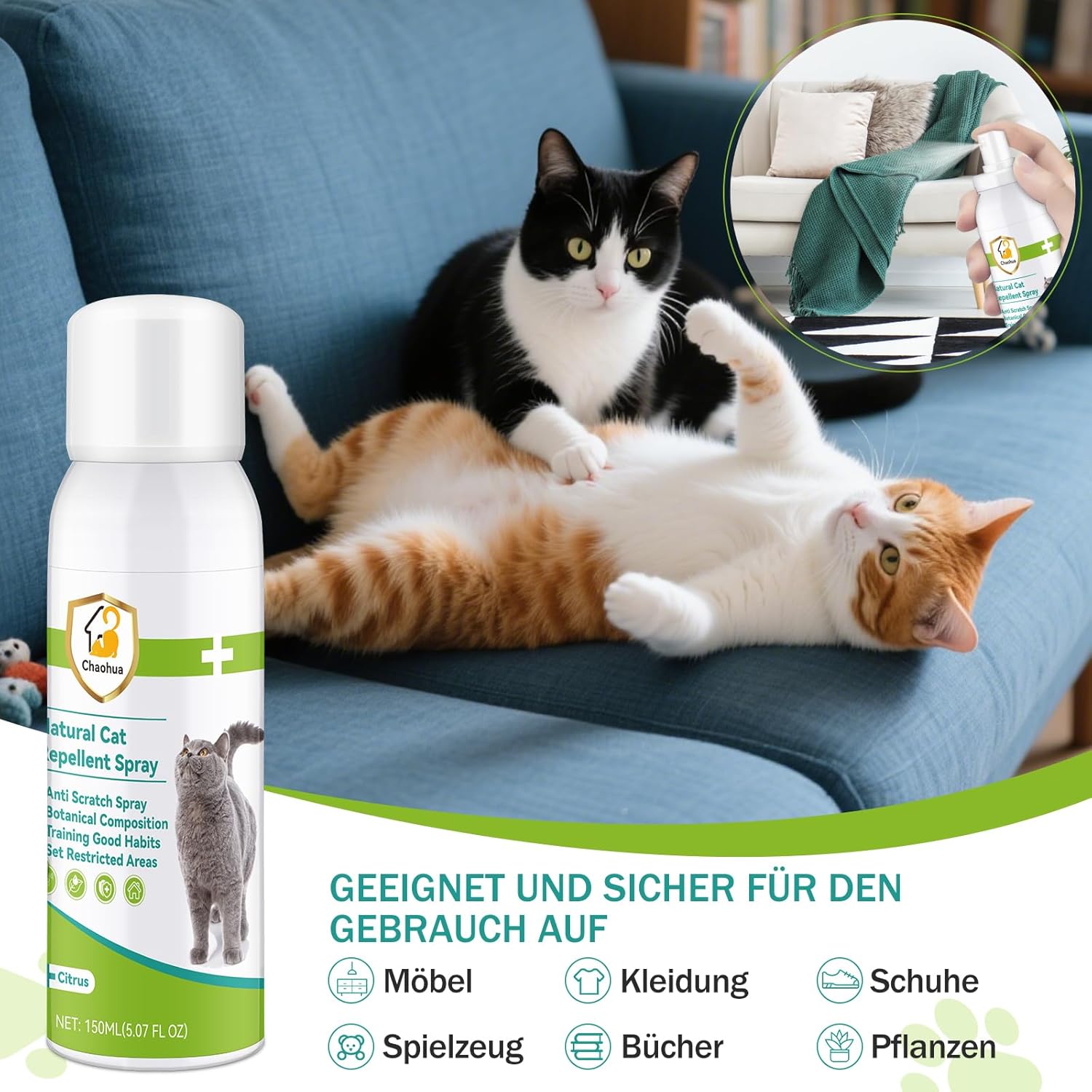 Katzenabwehrspray 150 ml fuer Innen und Aussen - Schutz fuer Moebel und Sofas