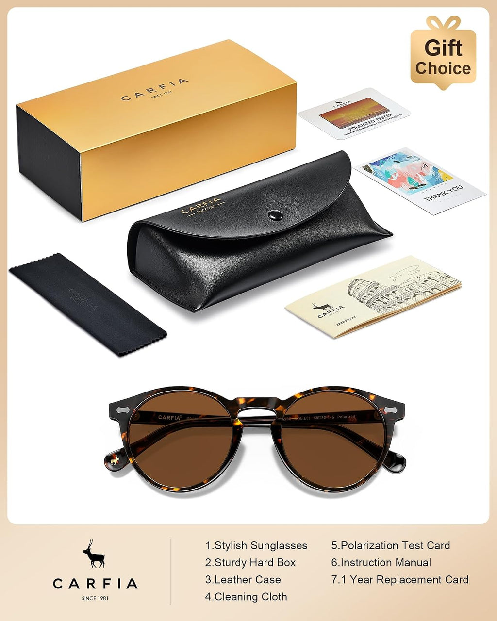 Carfia Polarisierte Herren Sonnenbrille rundes Gestell mit Lederetui