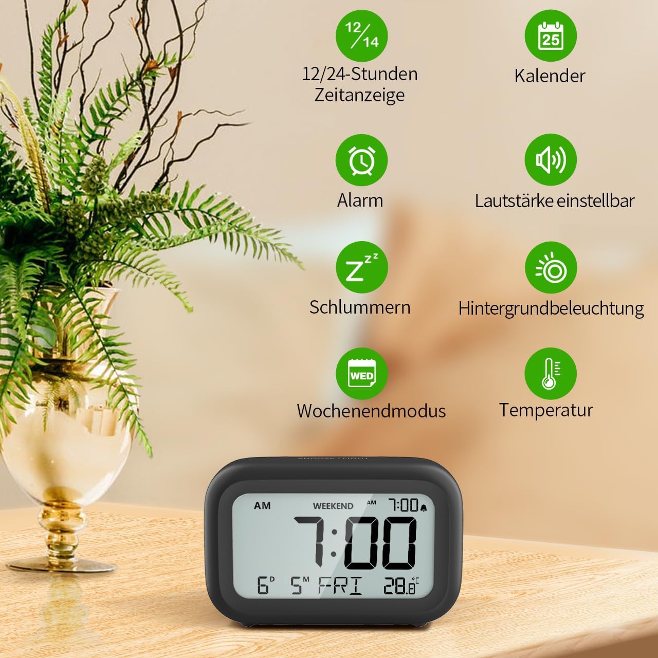 DOOMAY Digitaler Wecker LCD mit Snooze Wochenendmodus Batterie Nachttisch
