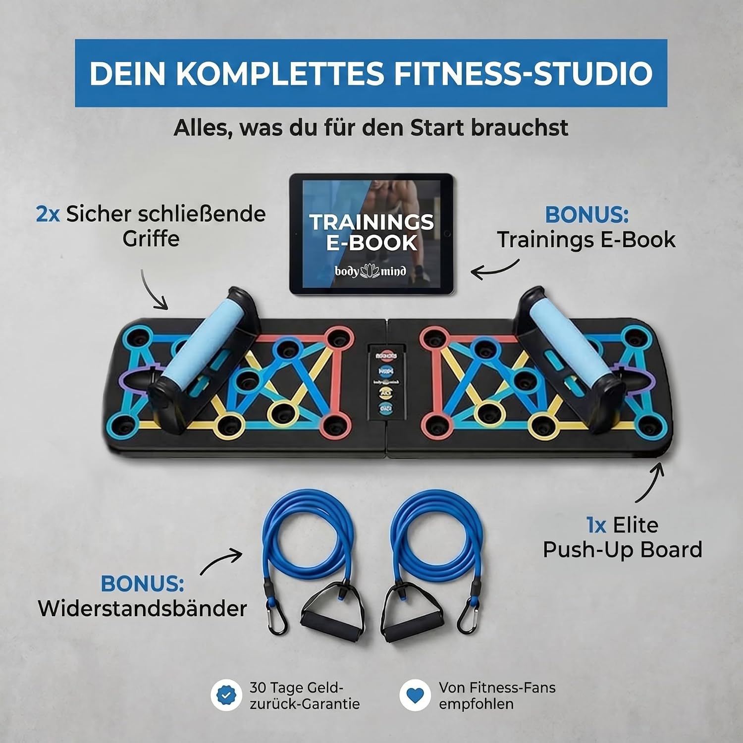 Body & Mind Push-Up Liegestuetz-Brett faltbar mit Griffen, Trainingsbaendern, E-Bo