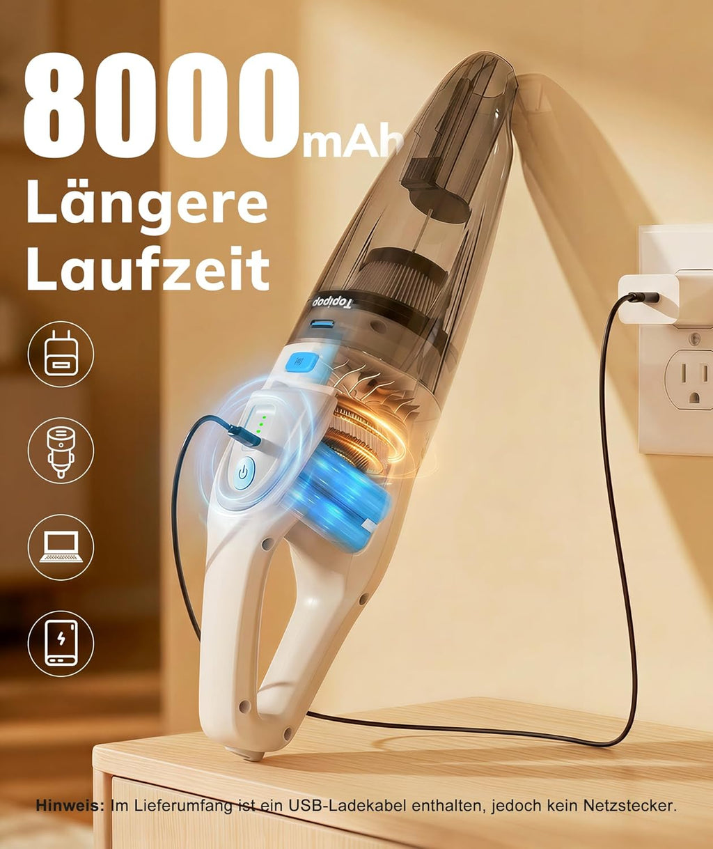 Akku-Handstaubsauger 25000 Pa HEPA-Filter Zubehoer Kabellos Schwarz