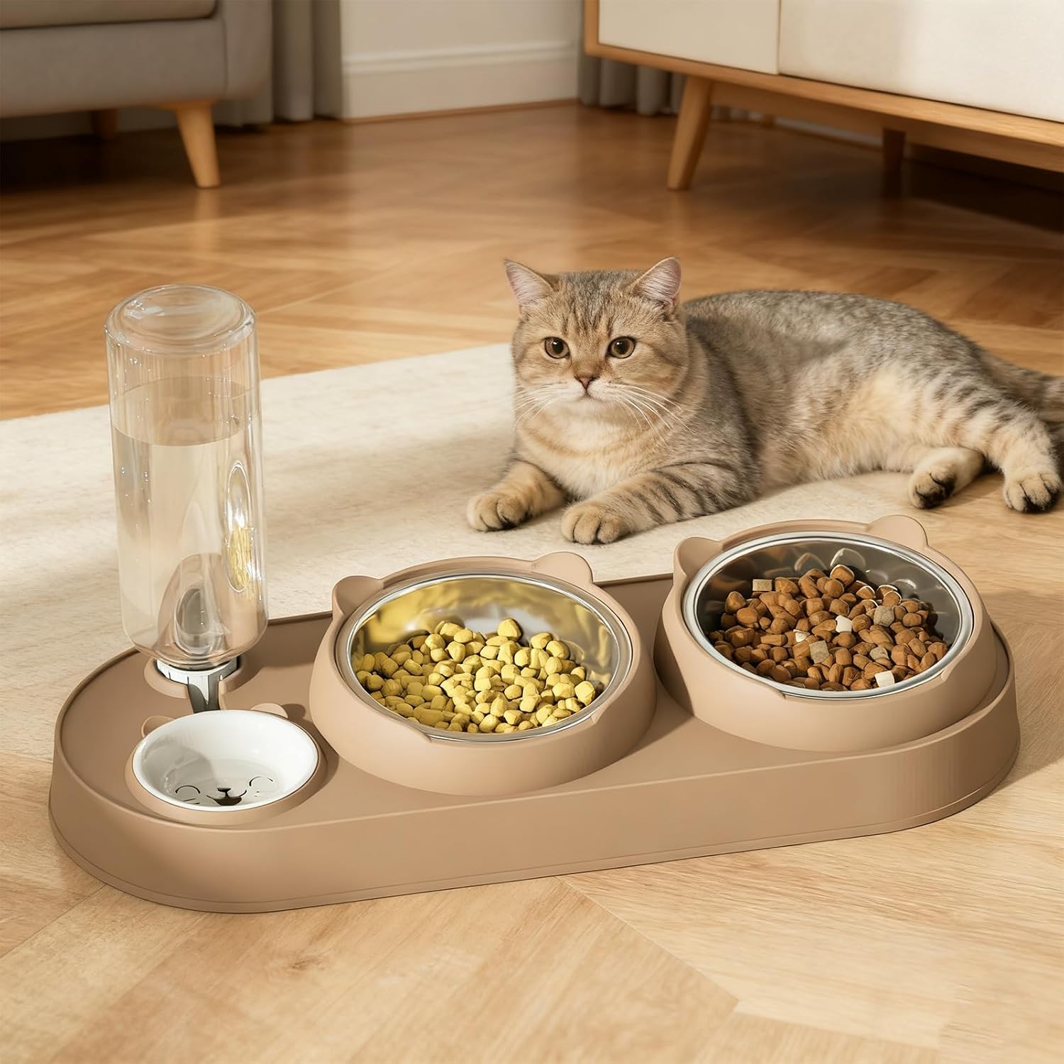 3‑in‑1 Katzennapf Set Edelstahl erhöht 15° Futternapf Wassernapf Spender
