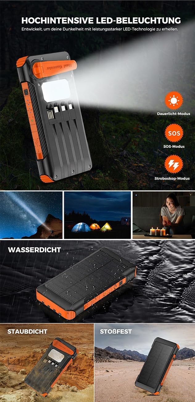 revolt Powerbank 10000 mAh USB‑C PD 20W mit Solarpanel, Kurbel & LED