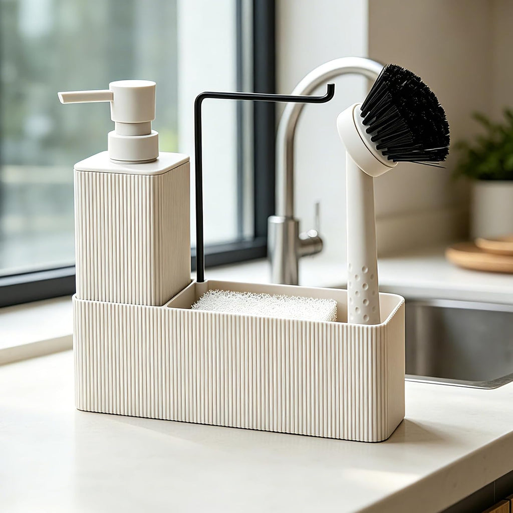 Spuelmittelspender mit Schwammhalter Schwarz Set fuer Kueche Waschbecken