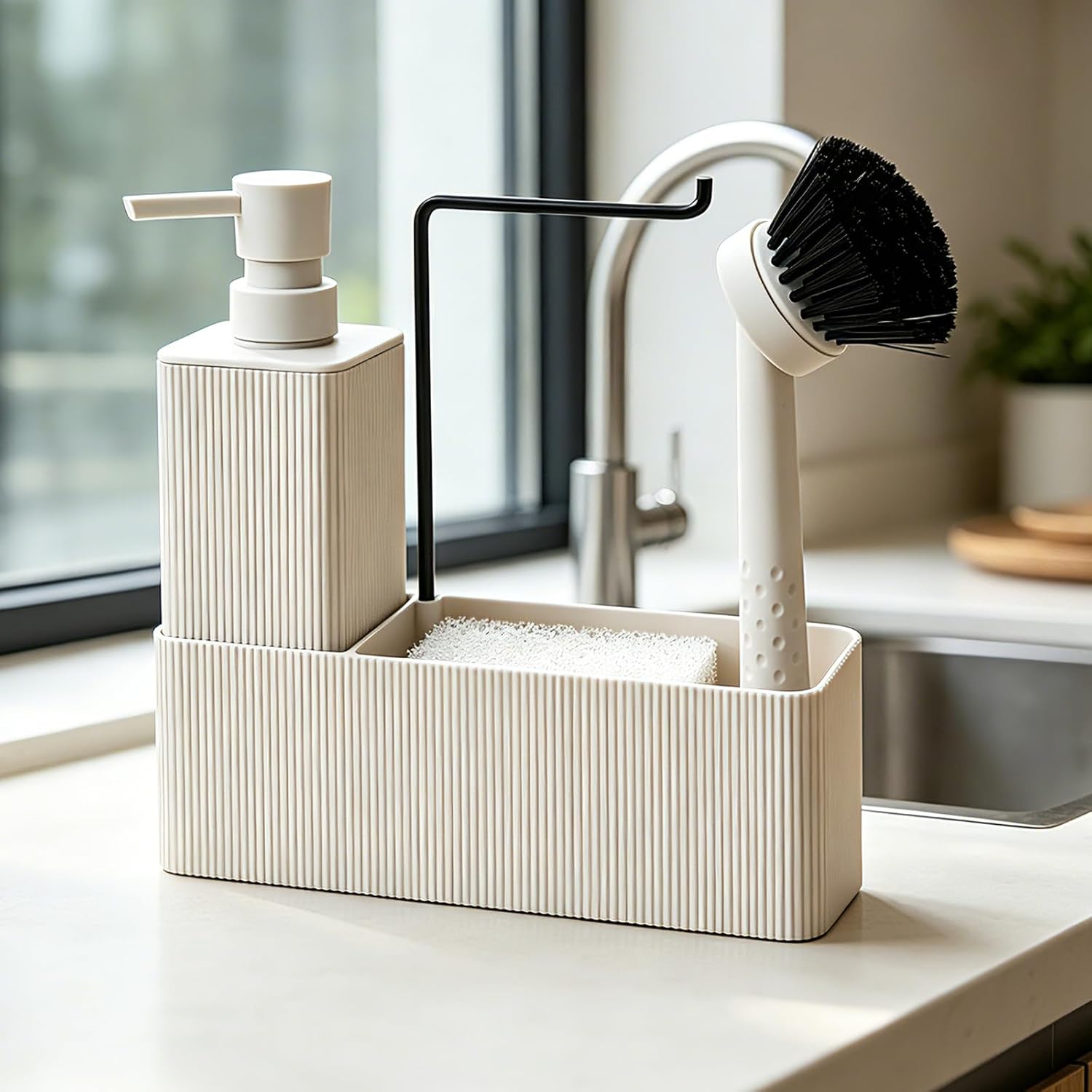 Spuelmittelspender mit Schwammhalter Schwarz Set fuer Kueche Waschbecken