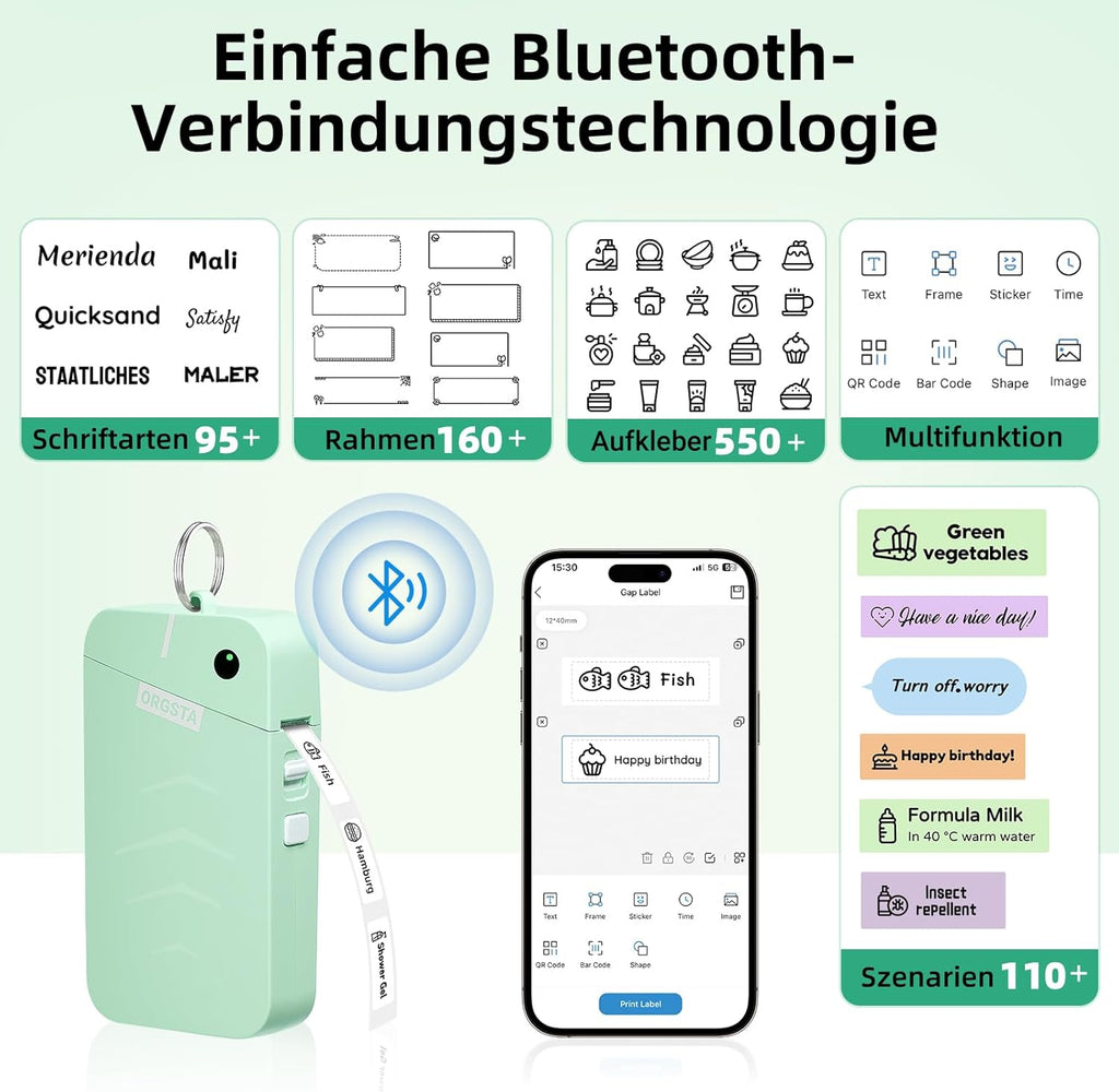 ORGSTA S001 Etikettendrucker Bluetooth 2000 mAh Selbstklebend Label Printer