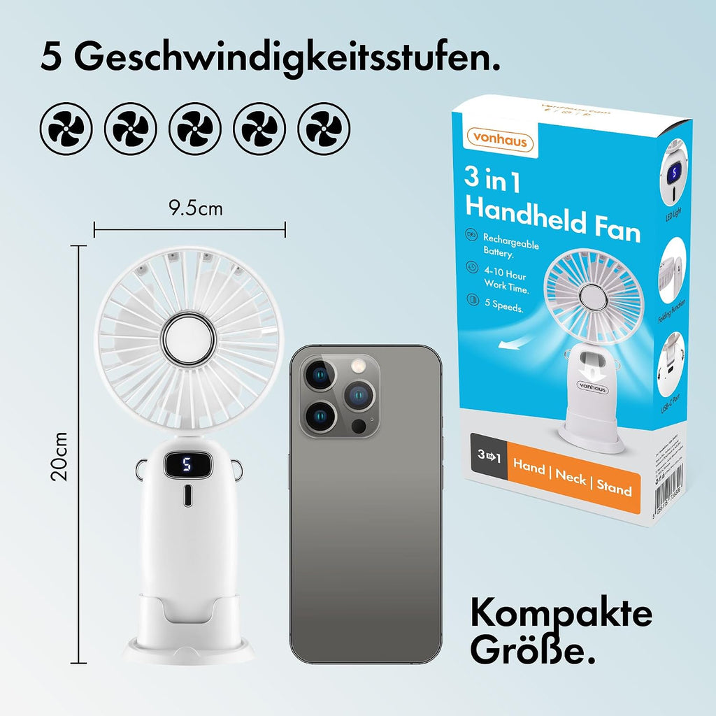 VonHaus Mini USB Ventilator 5 Stufen 90° faltbar mit 60 cm Band Weiss