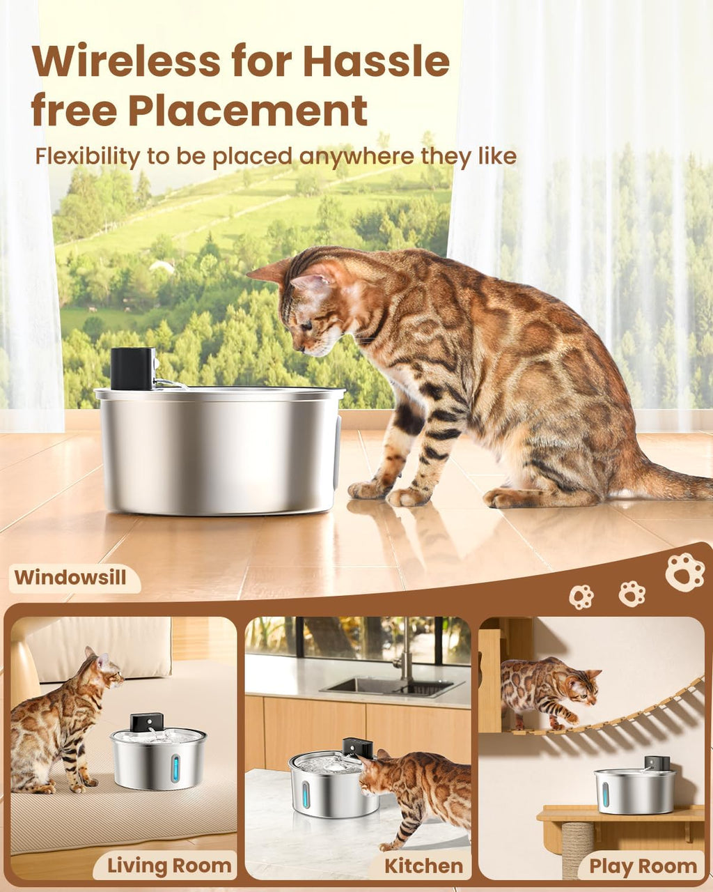 PawPoll kabelloser Katzenbrunnen Edelstahl 4200mAh Leise Pumpe LED BPA-frei