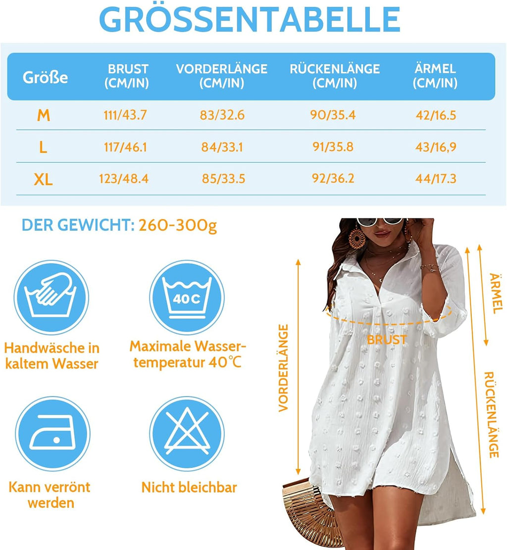 Strandkleid Damen V-Ausschnitt Baumwolle Cover-Up Strandtunika M-XL