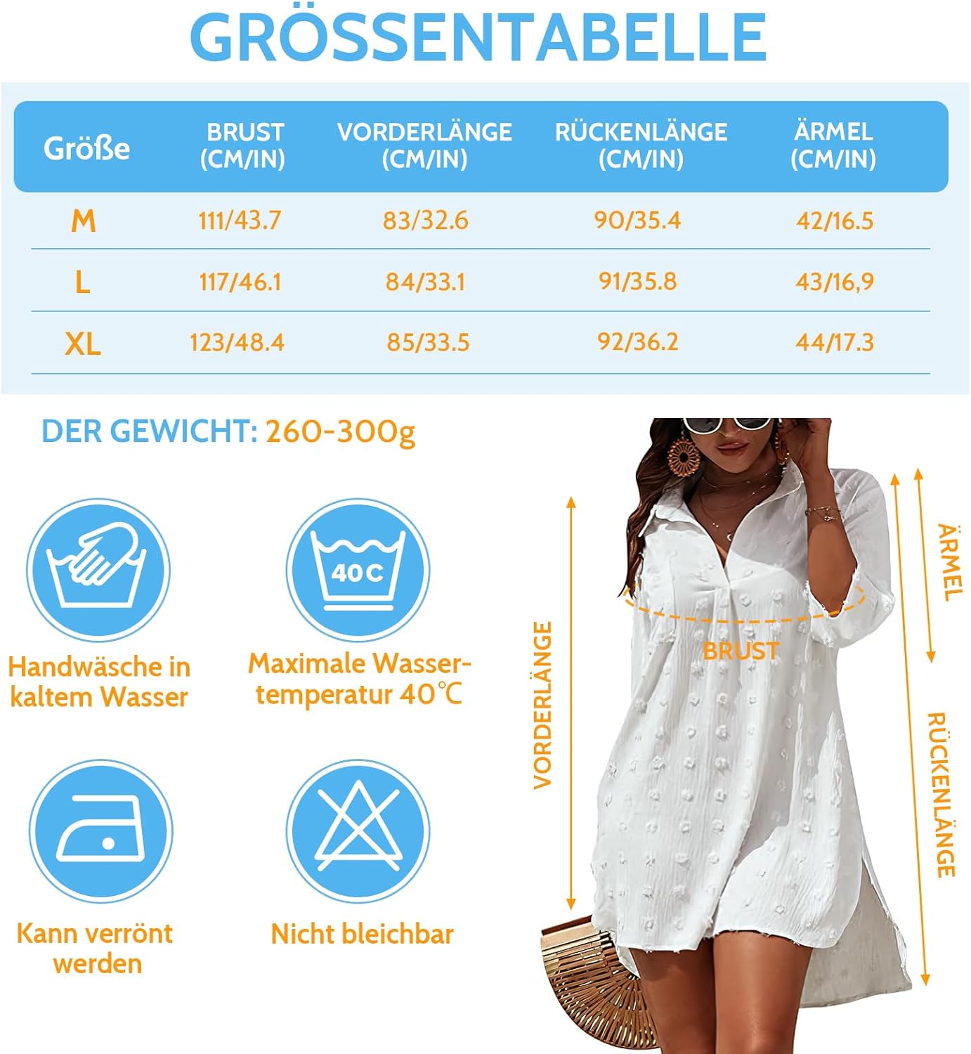 Strandkleid Damen V-Ausschnitt Baumwolle Cover-Up Strandtunika M-XL