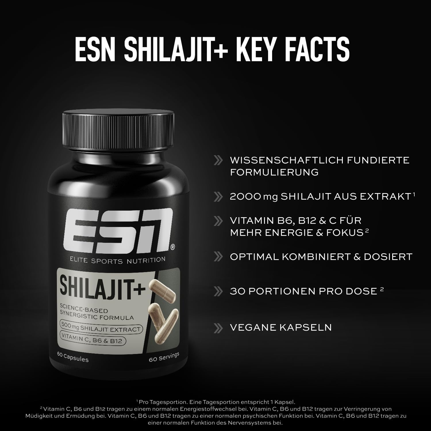 ESN Shilajit+ 60 vegane Kapseln 2000 mg Shilajit Extrakt mit Vitaminen Piperin