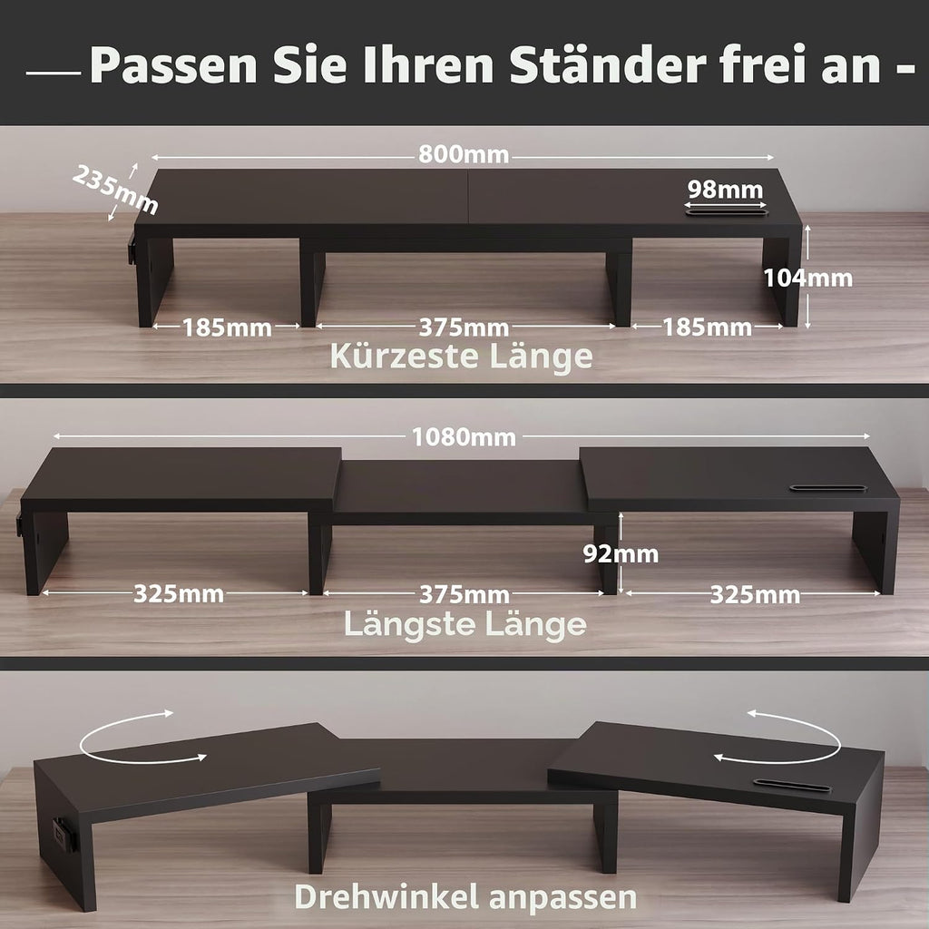 BONTEC Monitorstaender Dual Holz mit Handyhalter hoehenverstellbar