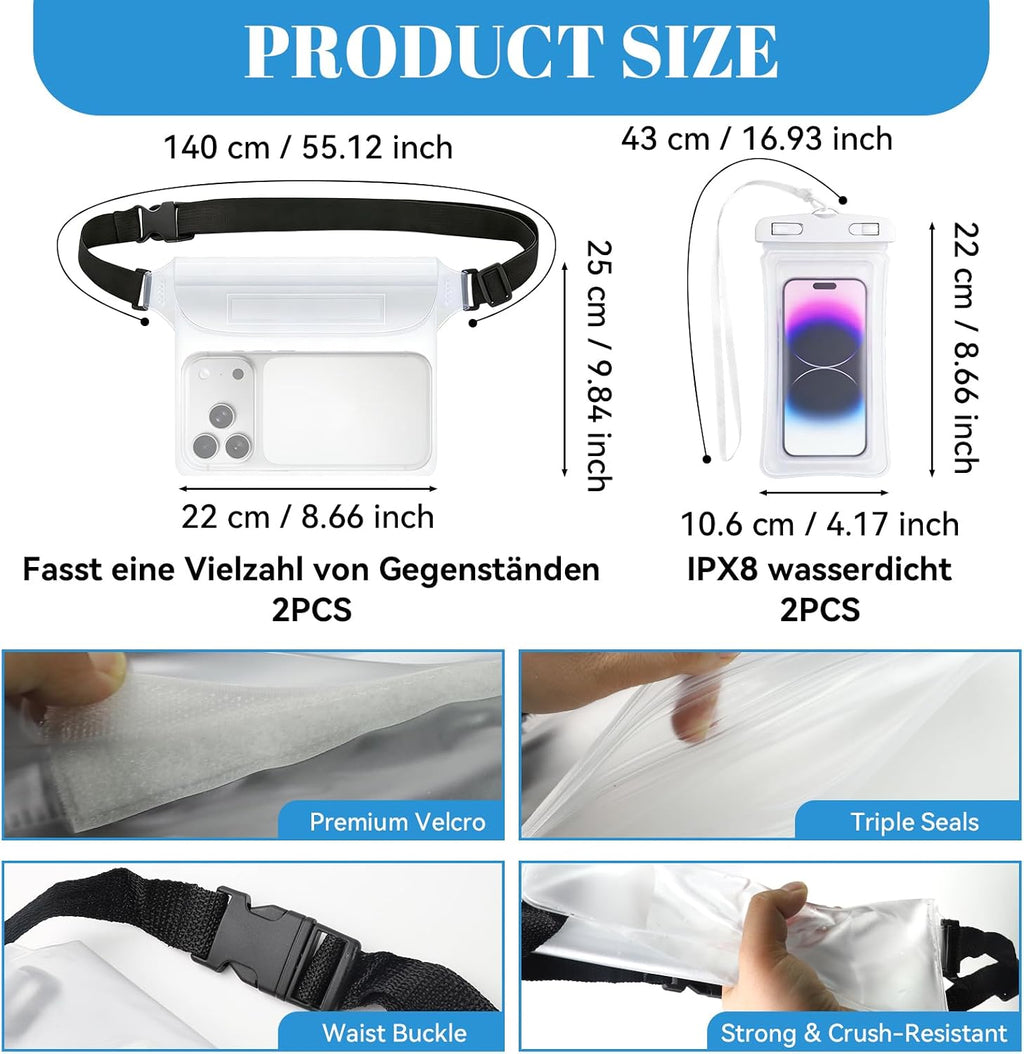 Wasserdichte Handyhuelle IPX8 transparent 4er Set Bauchtasche mit Gurt weiss