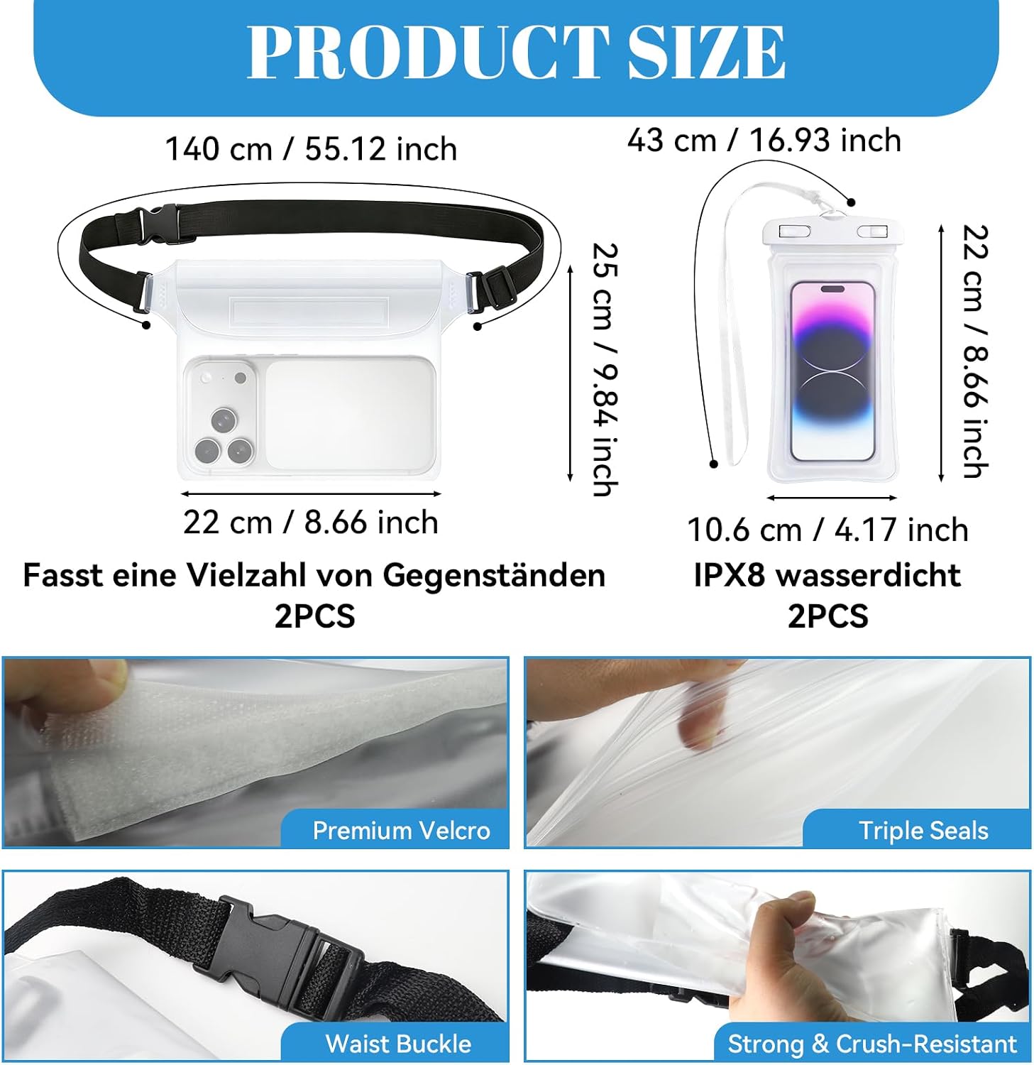 Wasserdichte Handyhuelle IPX8 transparent 4er Set Bauchtasche mit Gurt weiss