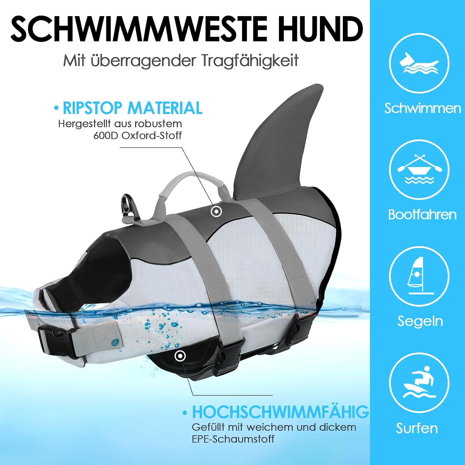AOFITEE Hundeschwimmweste klein verstellbar mit Griff Ripstop Blau S